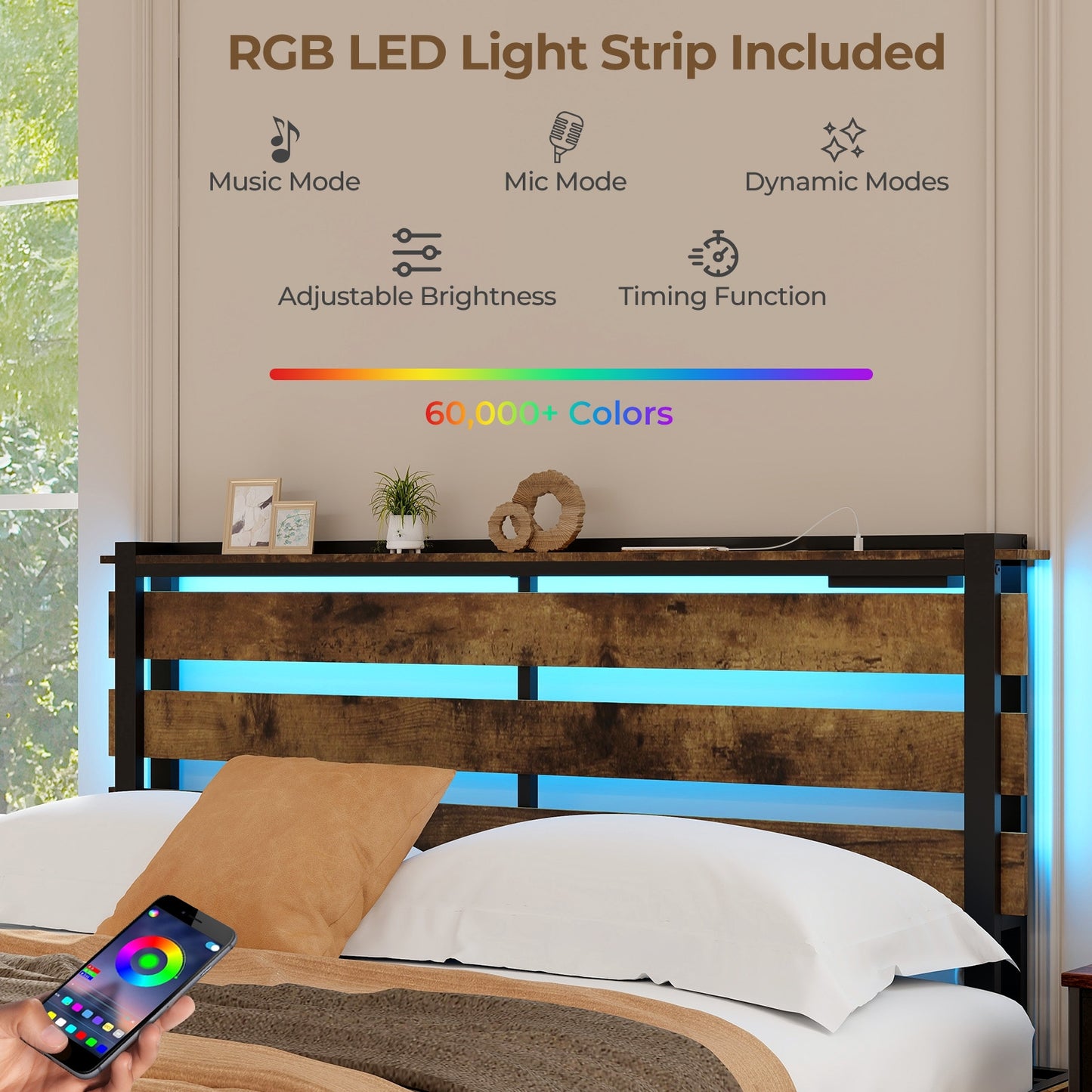 Rustic Brown Bed Frame with LED Lights, USB Ports, and Rolling Storage Drawers - Queen Size