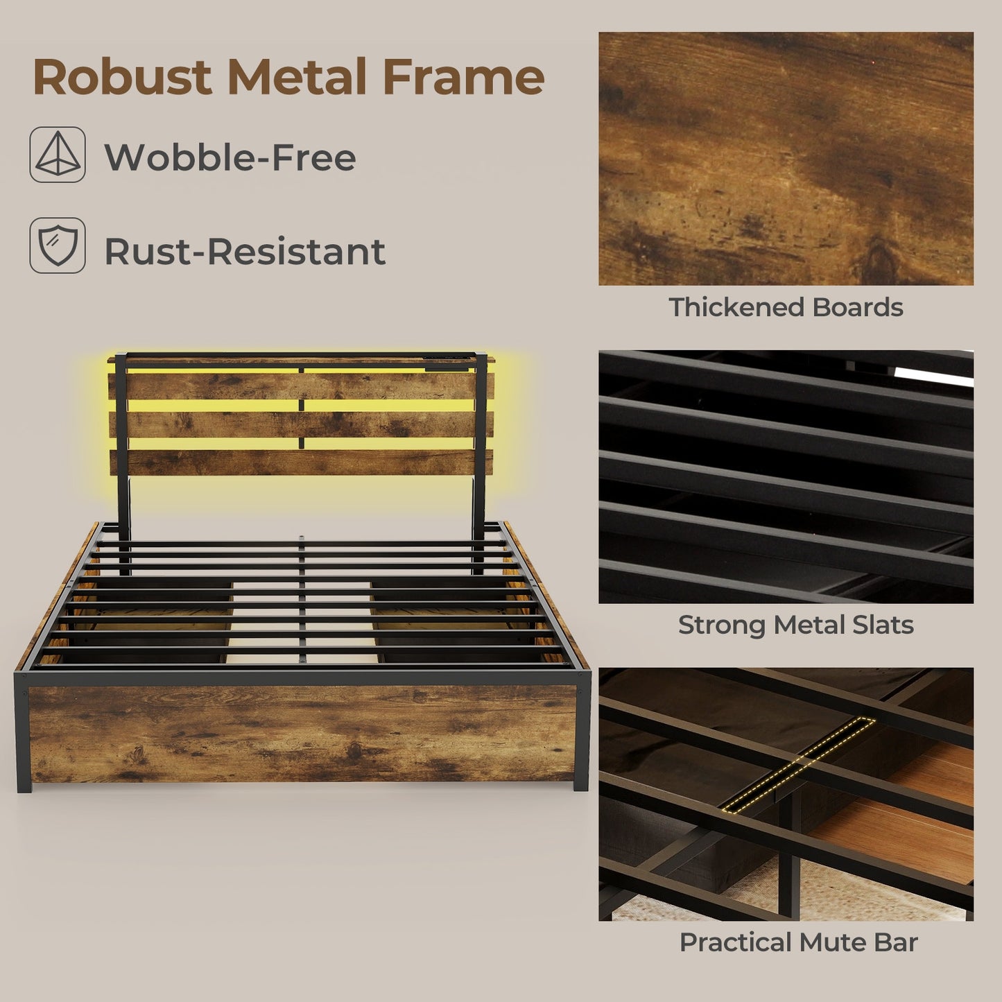 Rustic Brown Bed Frame with LED Lights, USB Ports, and Rolling Storage Drawers - Queen Size