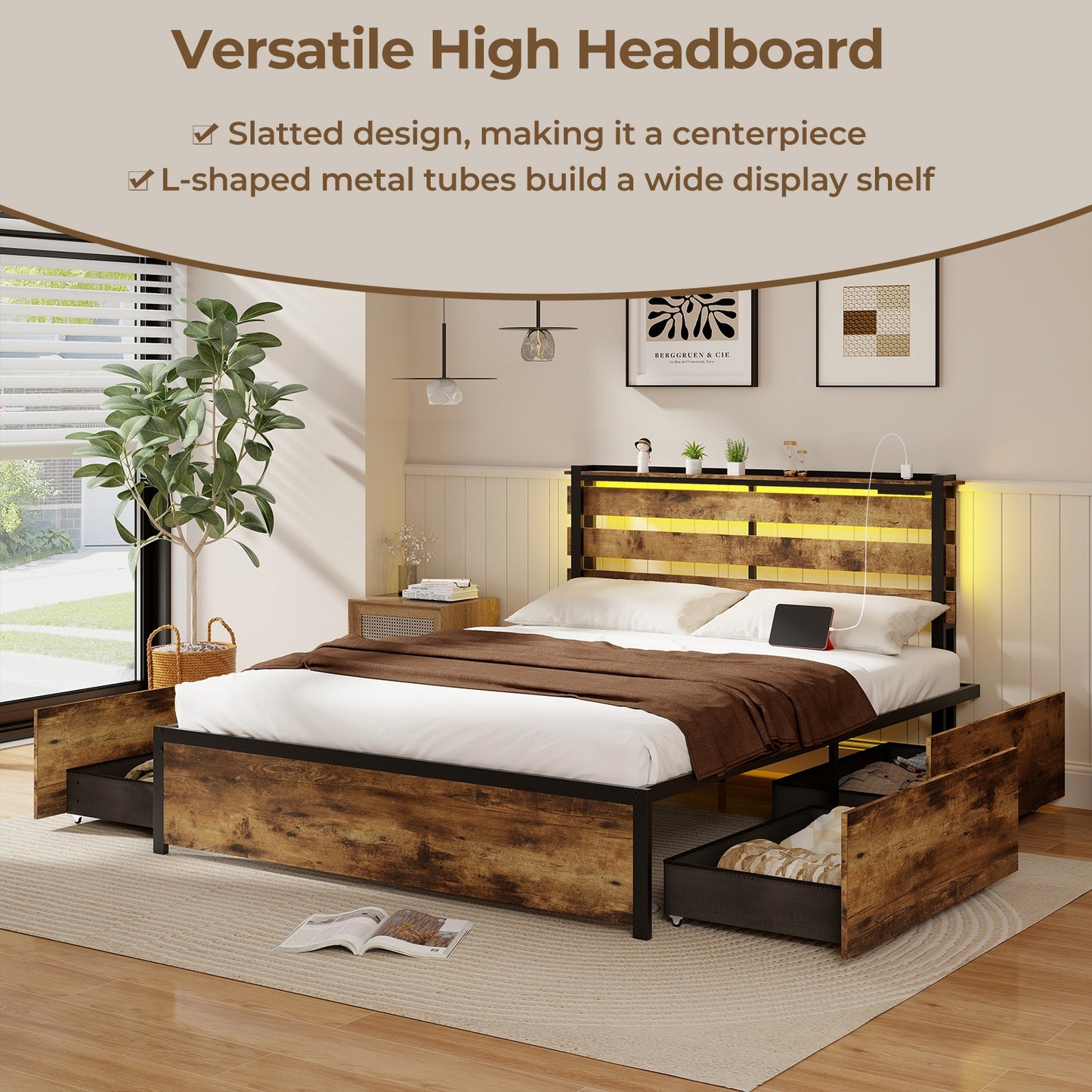 Rustic Brown Bed Frame with LED Lights, USB Ports, and Rolling Storage Drawers - Queen Size