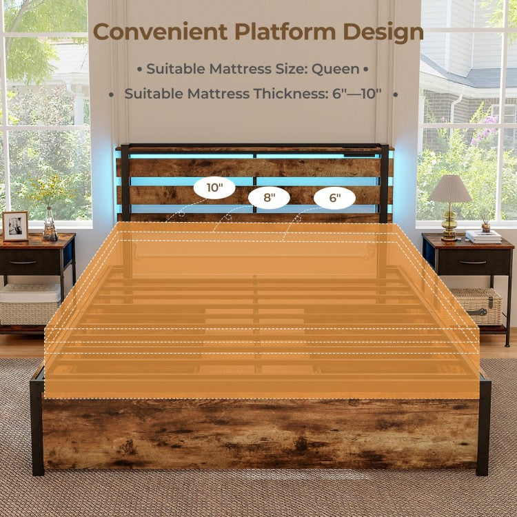 Rustic Brown Bed Frame with LED Lights, USB Ports, and Rolling Storage Drawers - Queen Size