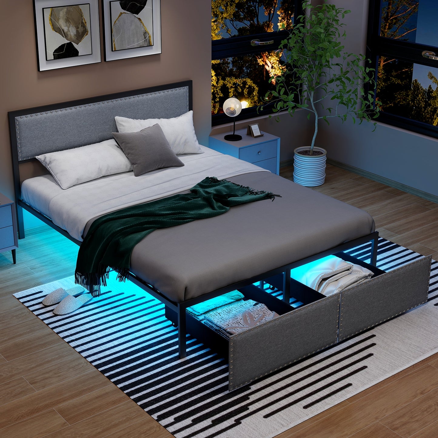 LED Light Bed Frame with Storage Drawer and Metal Slats - Queen Size