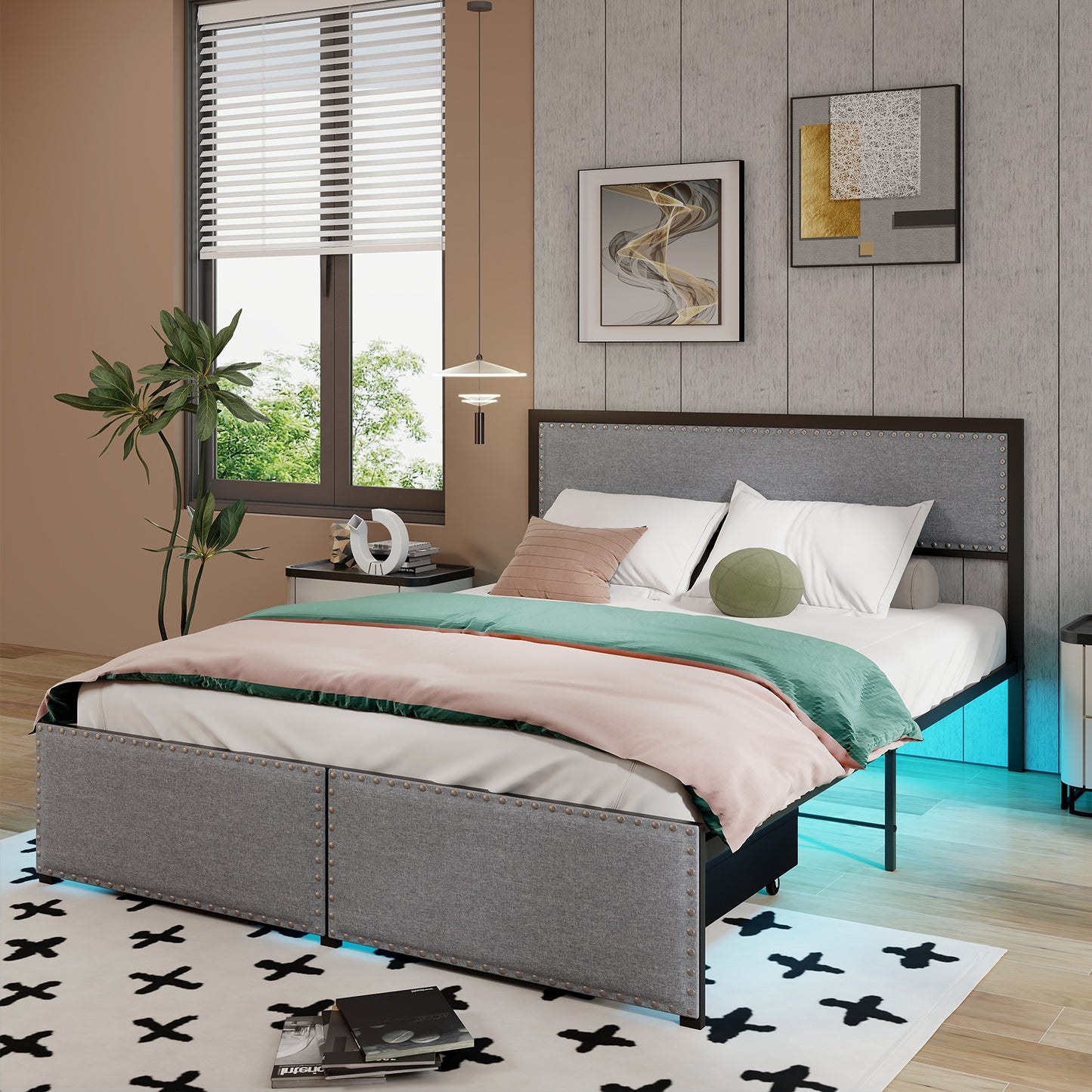 LED Light Bed Frame with Storage Drawer and Metal Slats - Queen Size