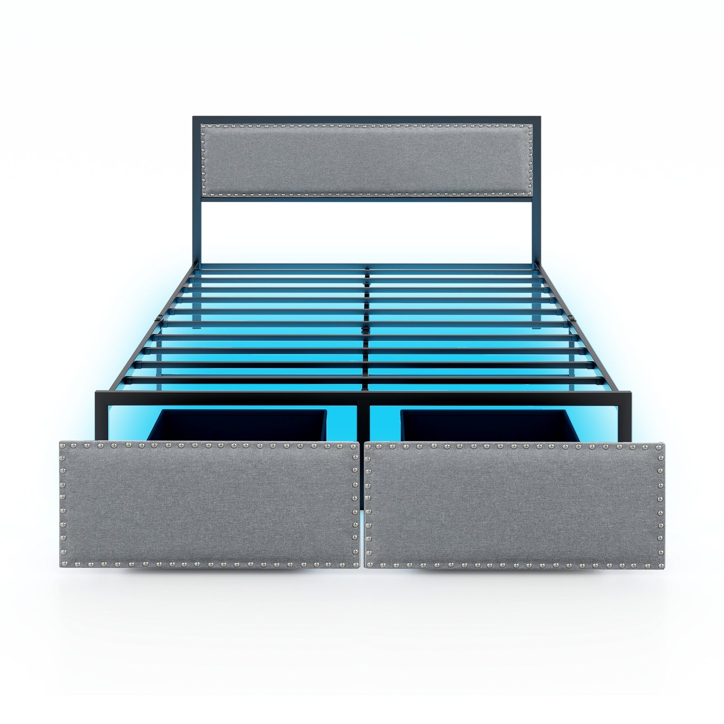 LED Light Bed Frame with Storage Drawer and Metal Slats - Queen Size