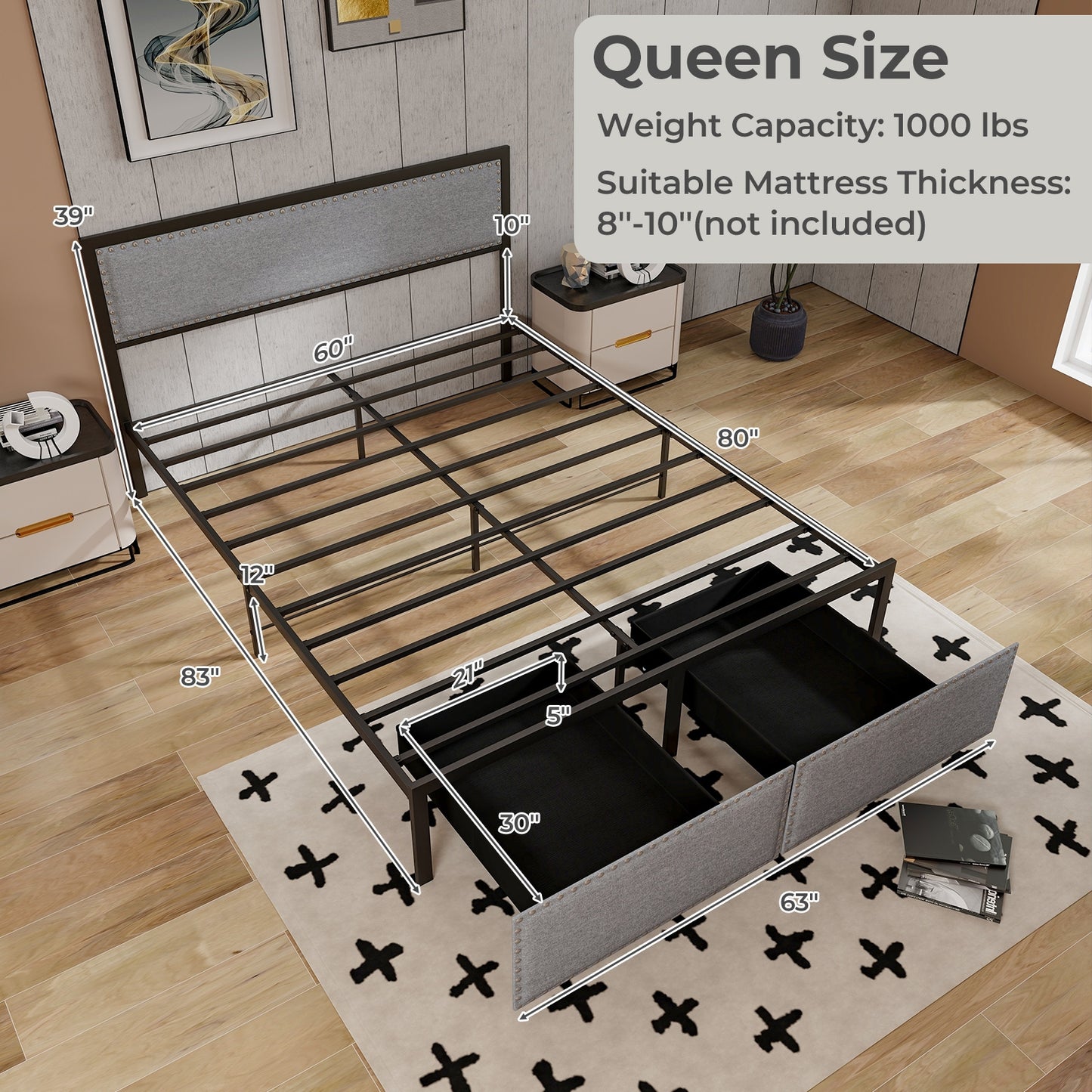 LED Light Bed Frame with Storage Drawer and Metal Slats - Queen Size