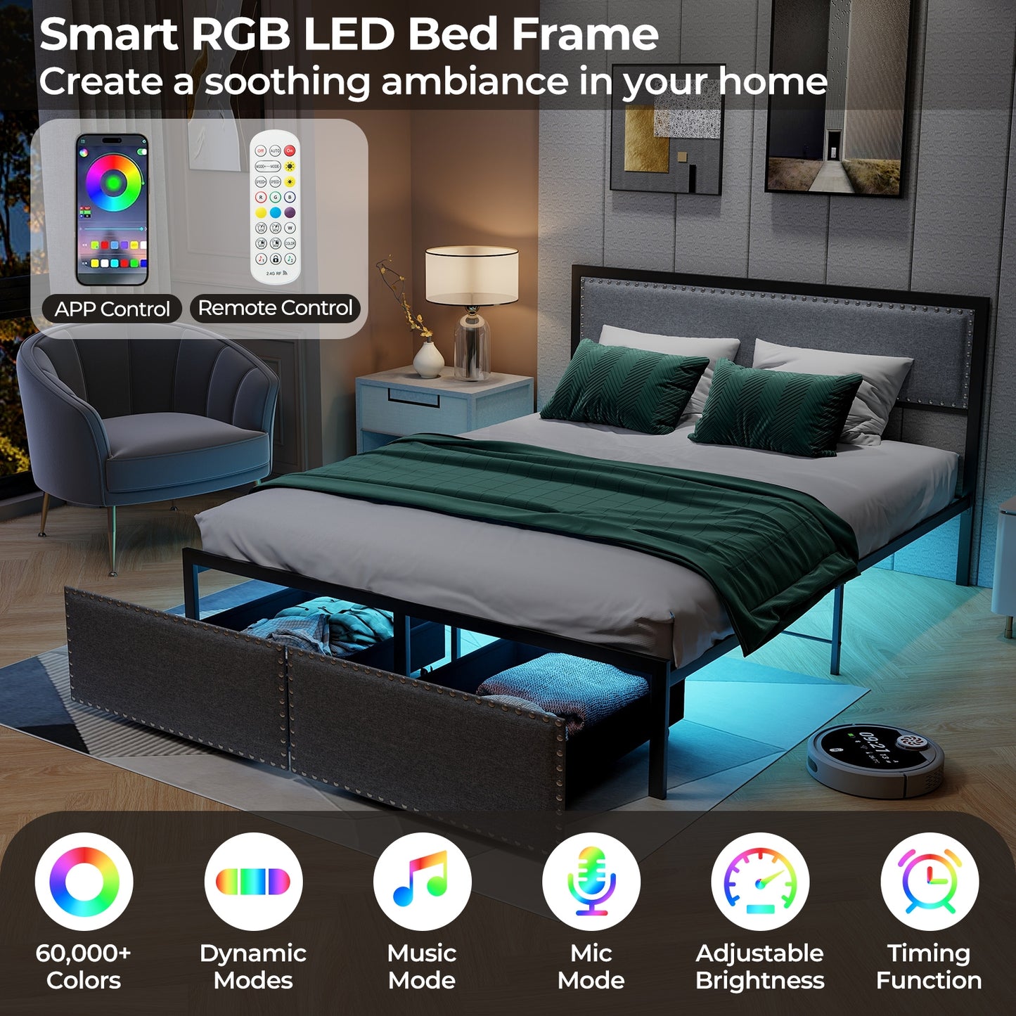 LED Light Bed Frame with Storage Drawer and Metal Slats - Queen Size