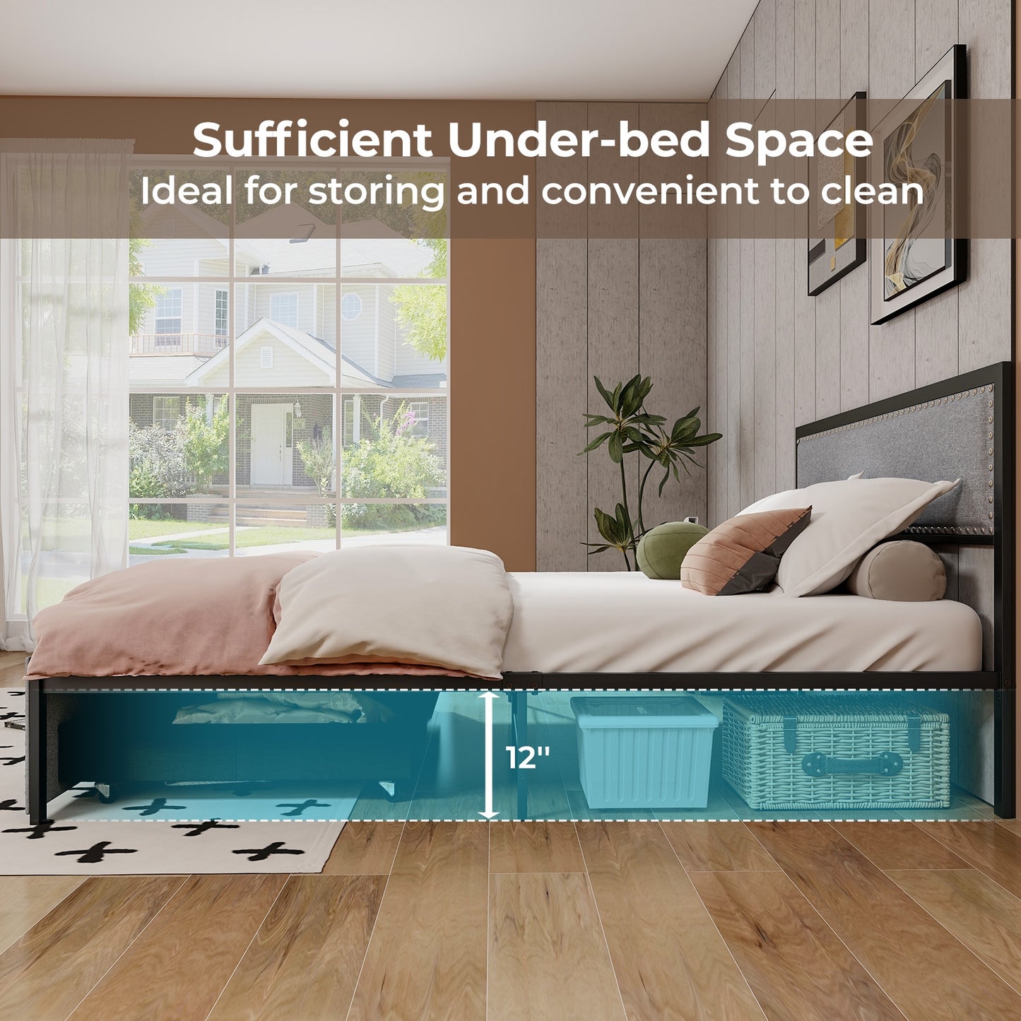 LED Light Bed Frame with Storage Drawer and Metal Slats - Queen Size