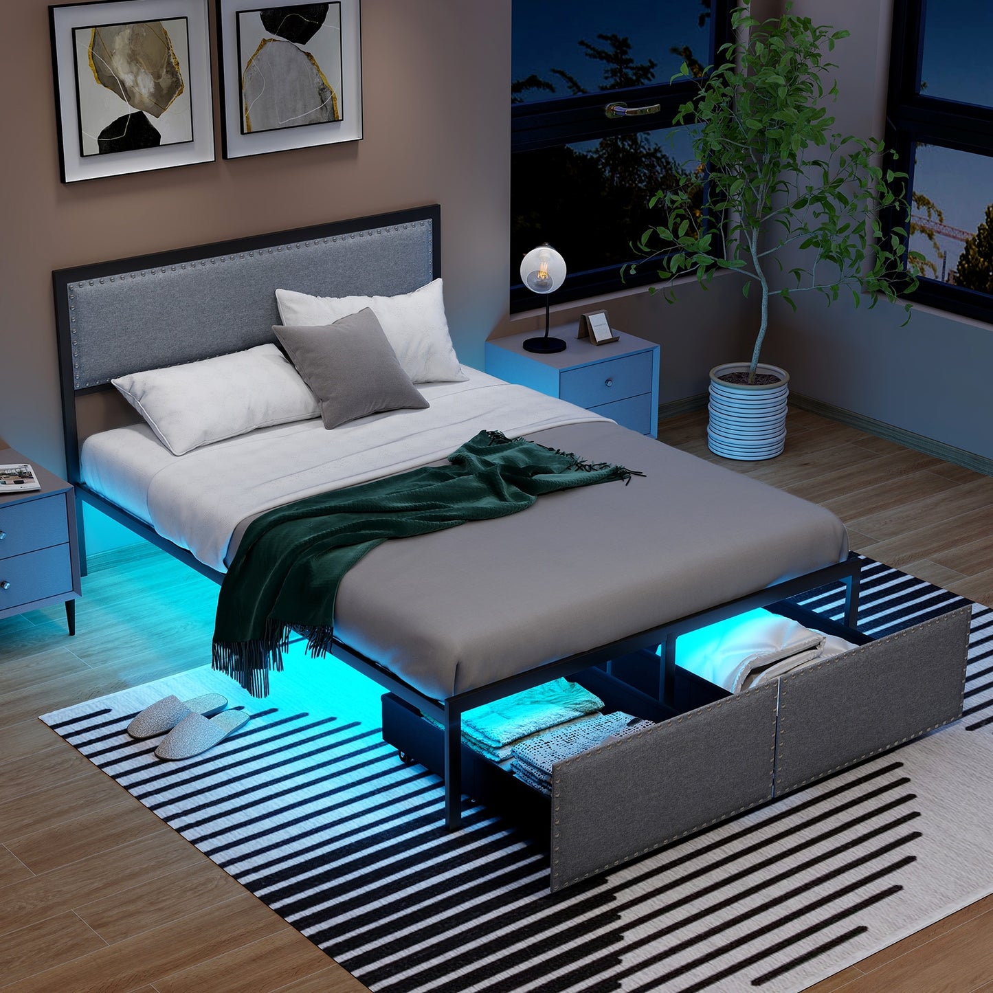 LED Light Bed Frame with Storage Drawer and Metal Slats - Full Size