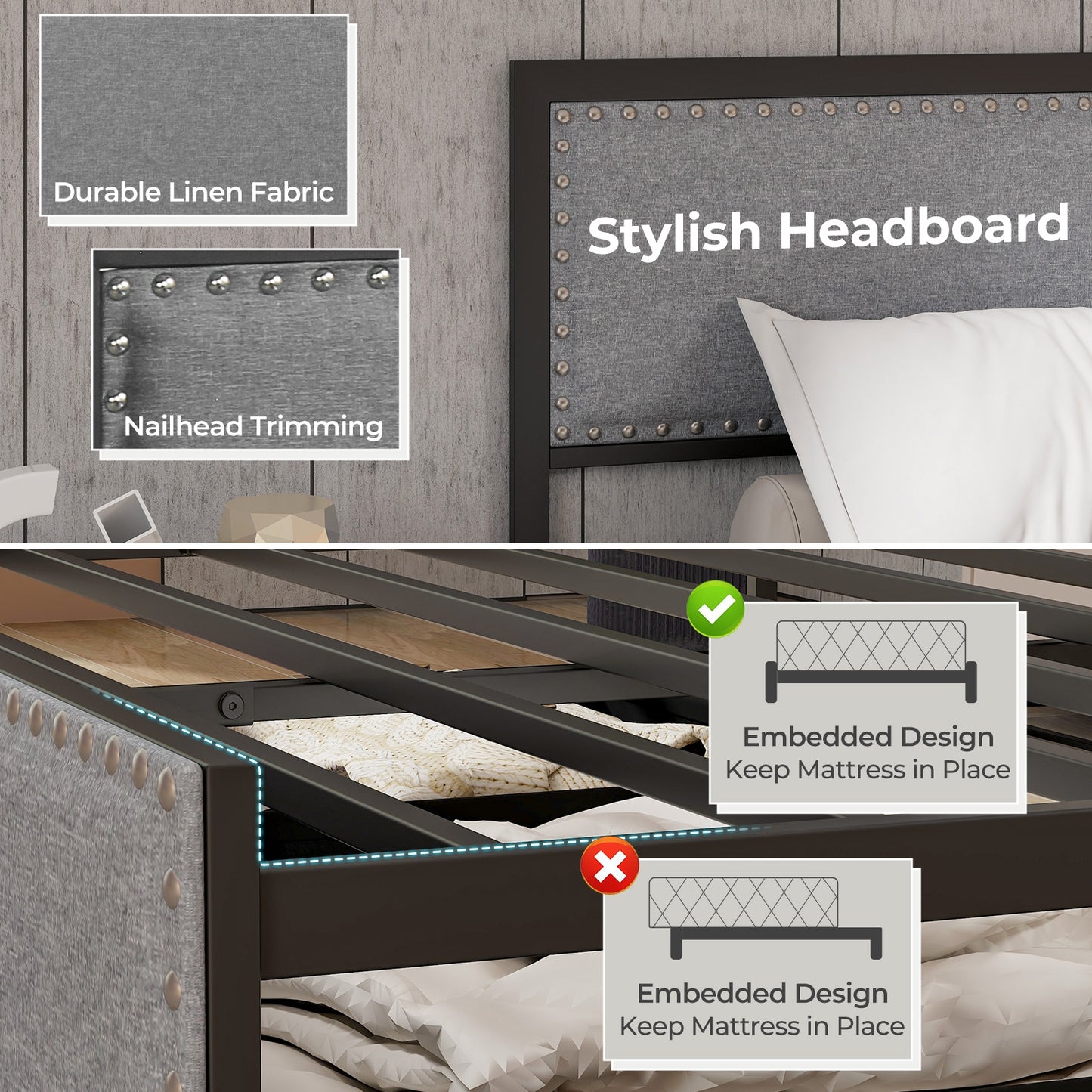 LED Light Bed Frame with Storage Drawer and Metal Slats - Queen Size