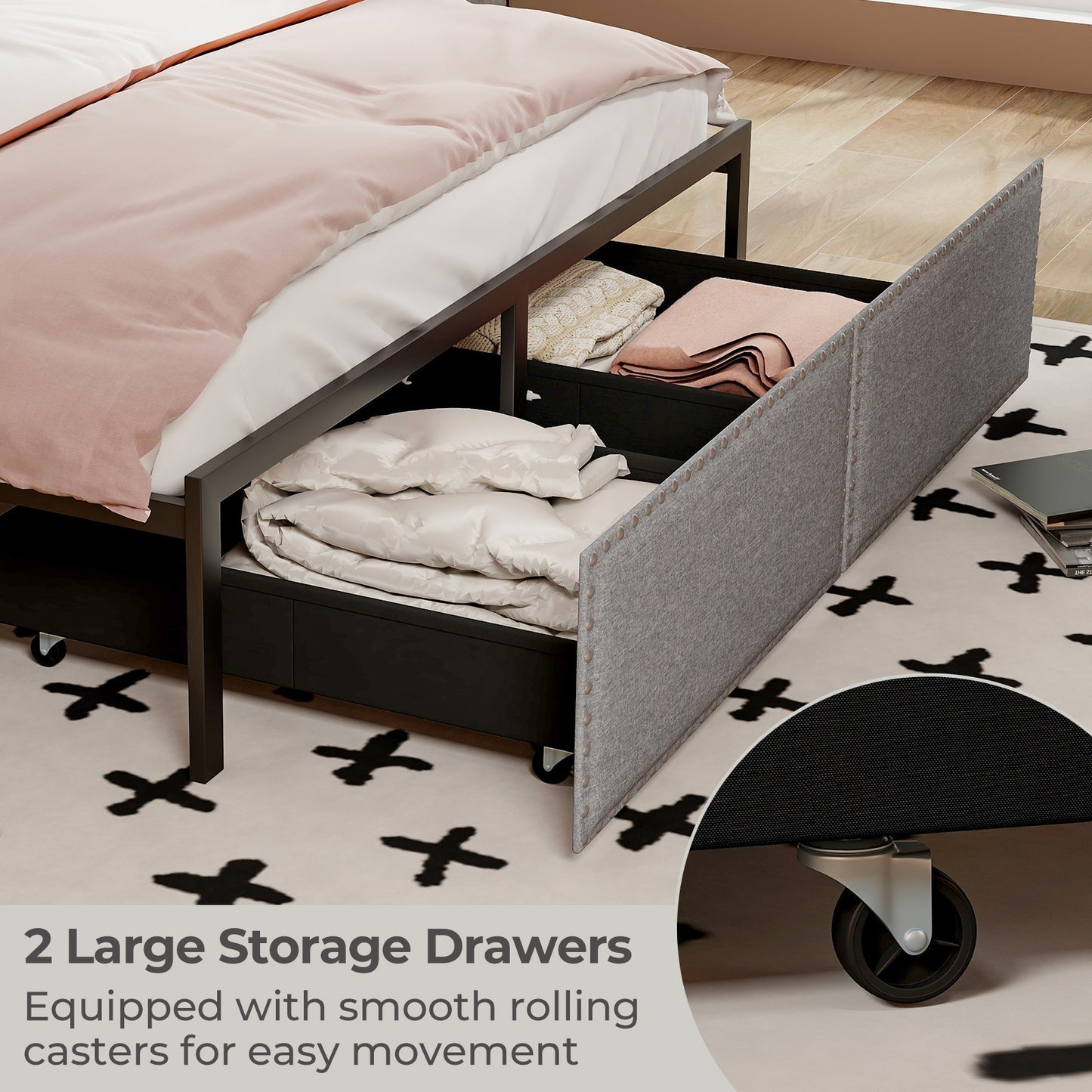 LED Light Bed Frame with Storage Drawer and Metal Slats - Queen Size