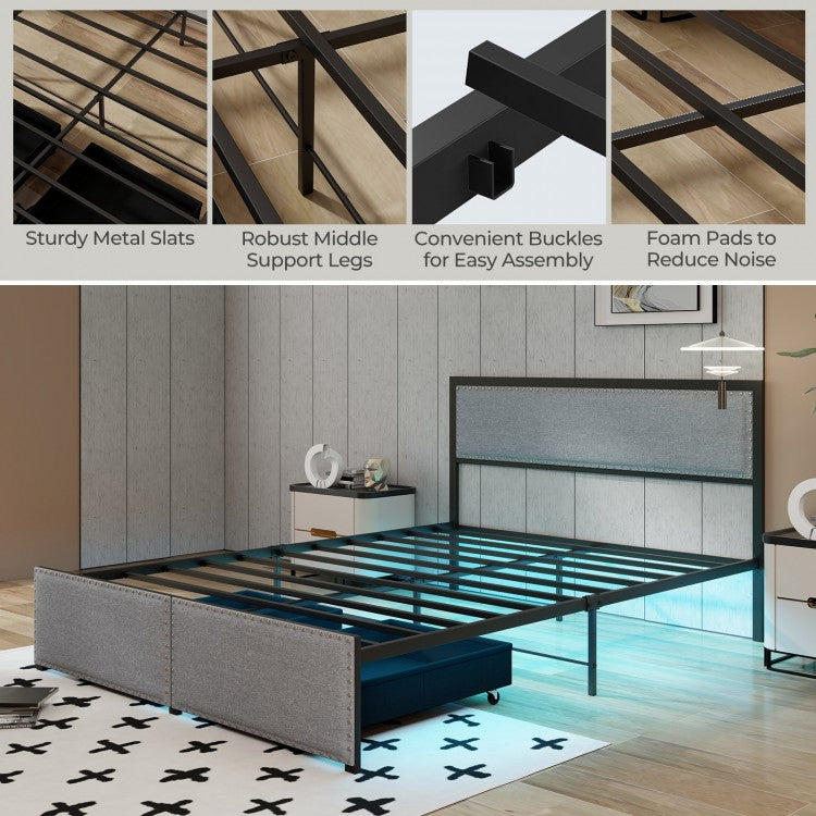 LED Light Bed Frame with Storage Drawer and Metal Slats - Queen Size