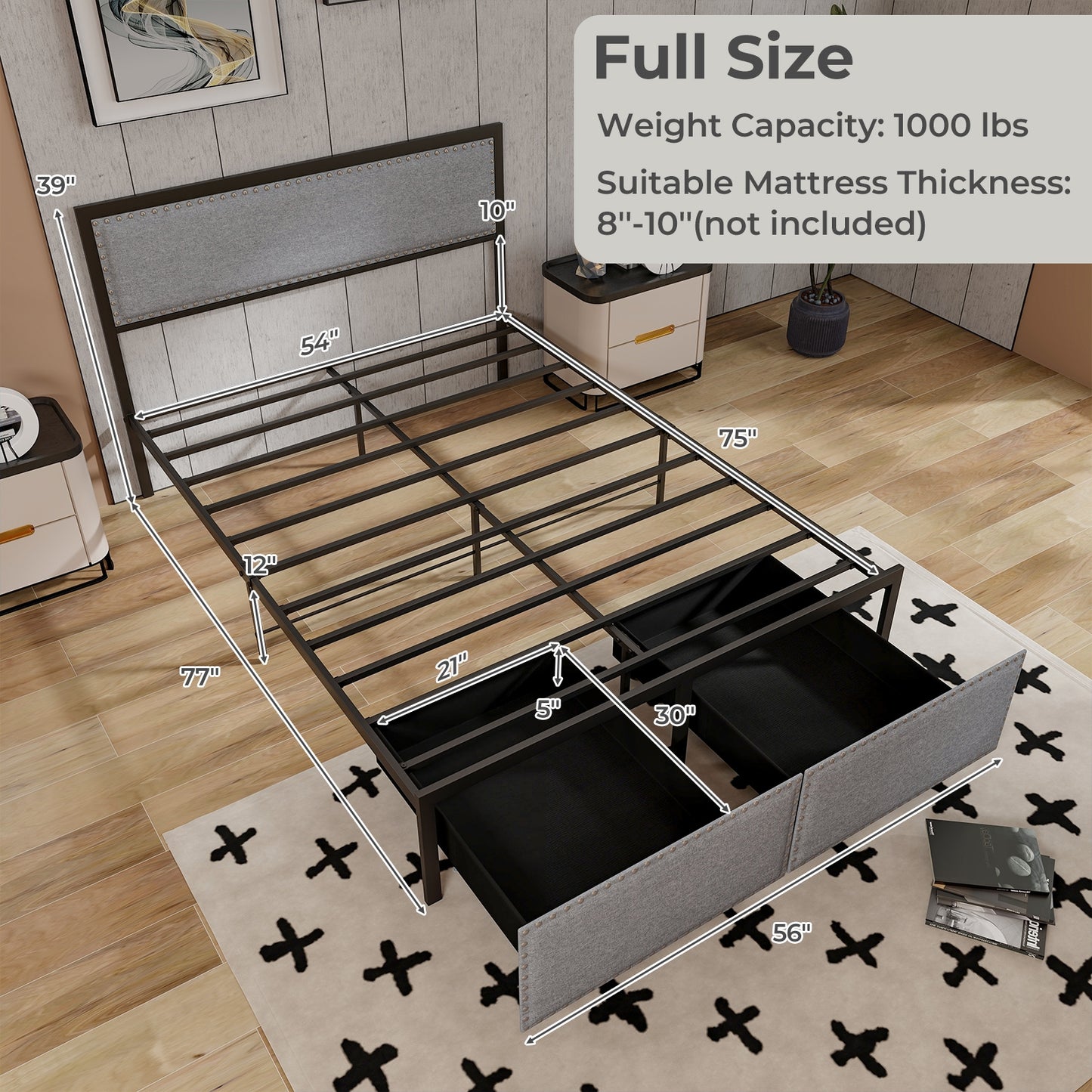 LED Light Bed Frame with Storage Drawer and Metal Slats - Full Size