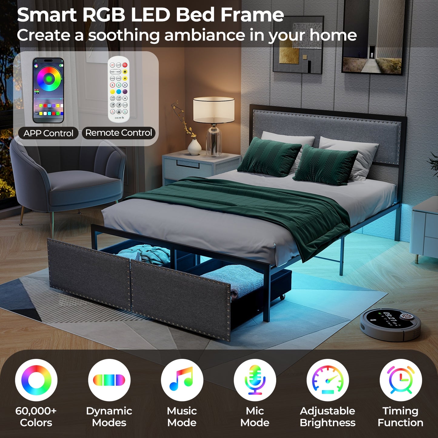 LED Light Bed Frame with Storage Drawer and Metal Slats - Full Size