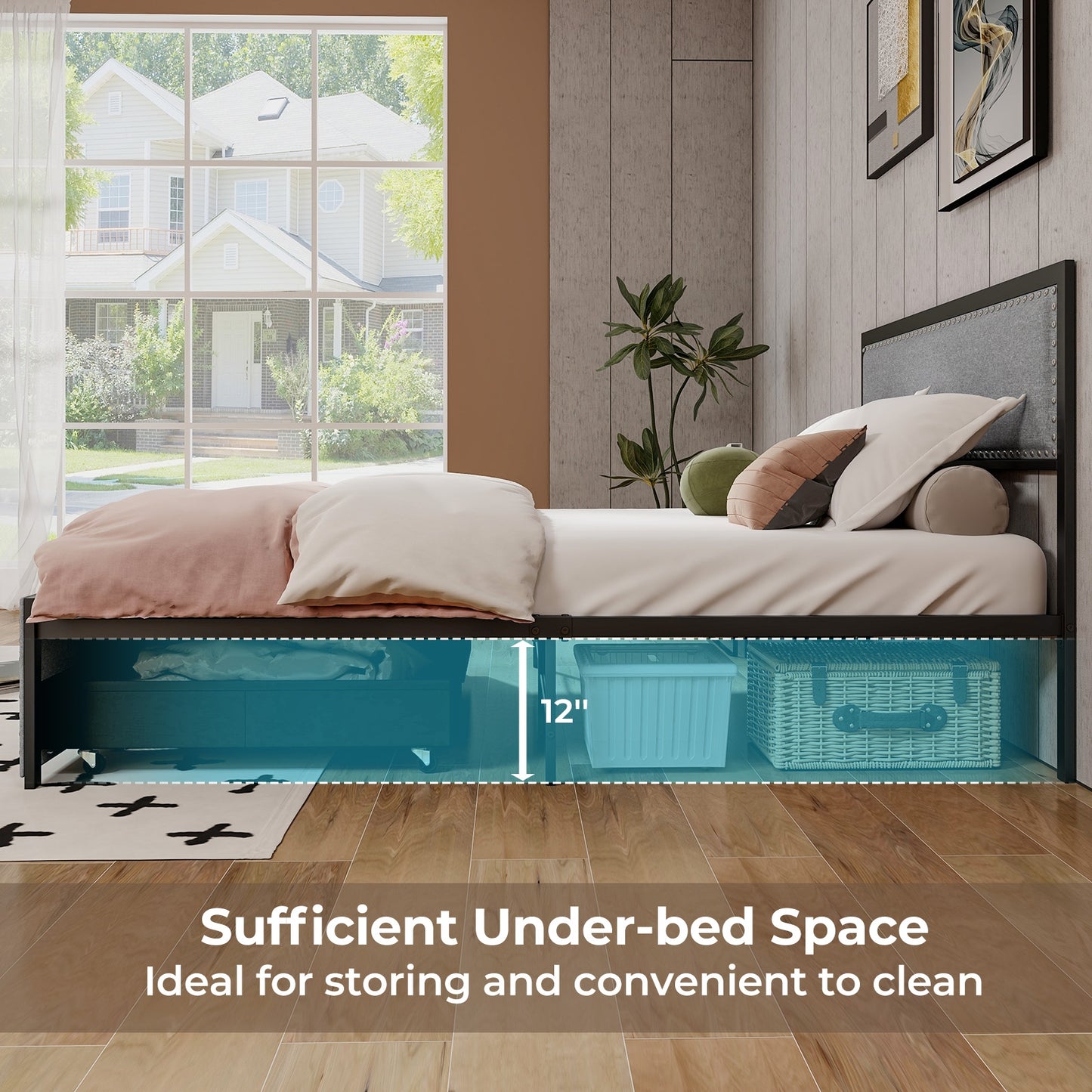 LED Light Bed Frame with Storage Drawer and Metal Slats - Full Size