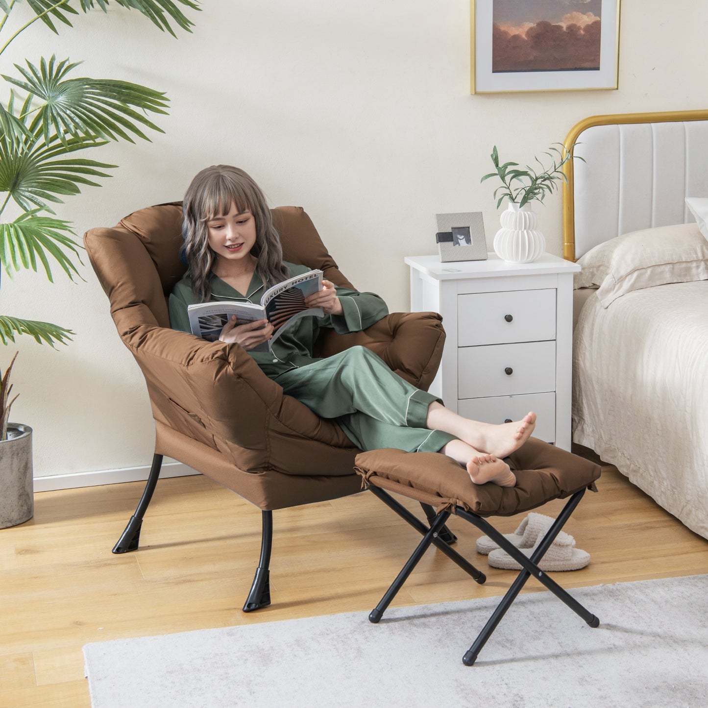 Comfortable Sofa Chair with Footrest and Convenient Side Pocket - Brown