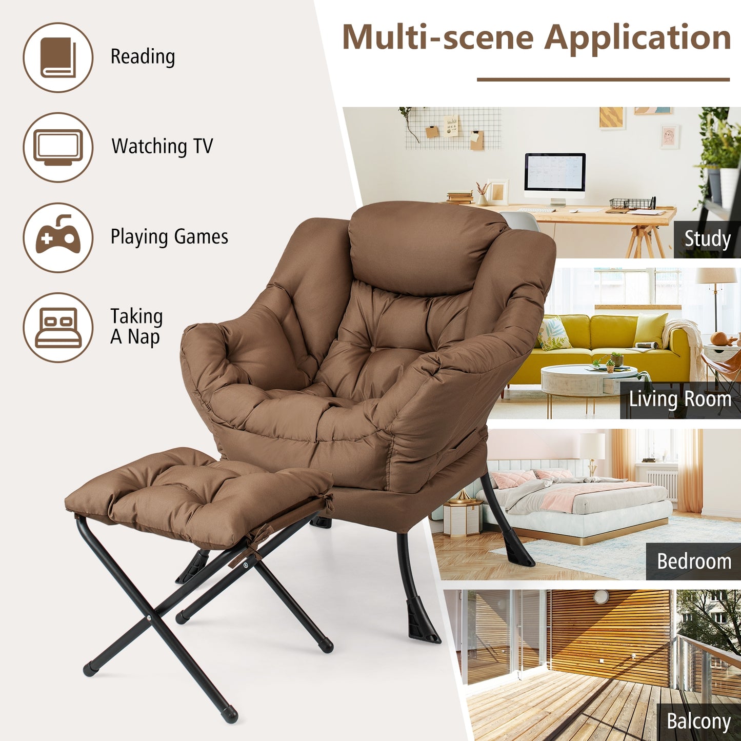 Comfortable Sofa Chair with Footrest and Convenient Side Pocket - Brown