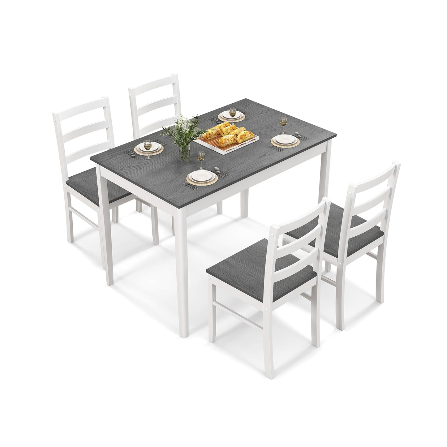 Modern 5 Piece Dining Table Set with Rectangular Wood Table and Upholstered Chairs - Grey