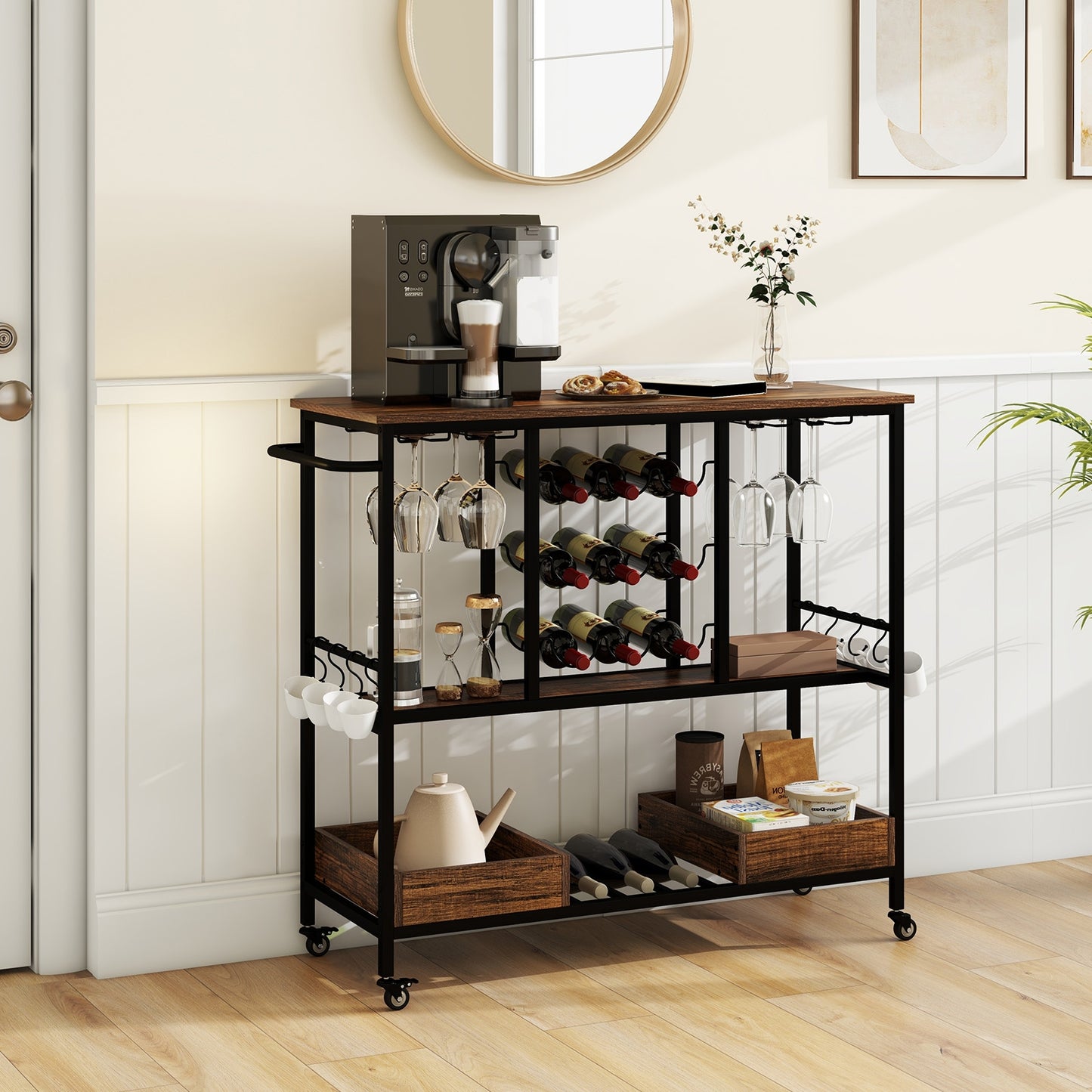 3-Tier Rolling Bar Cart with Glass Holders and Storage Shelves, Rustic Brown