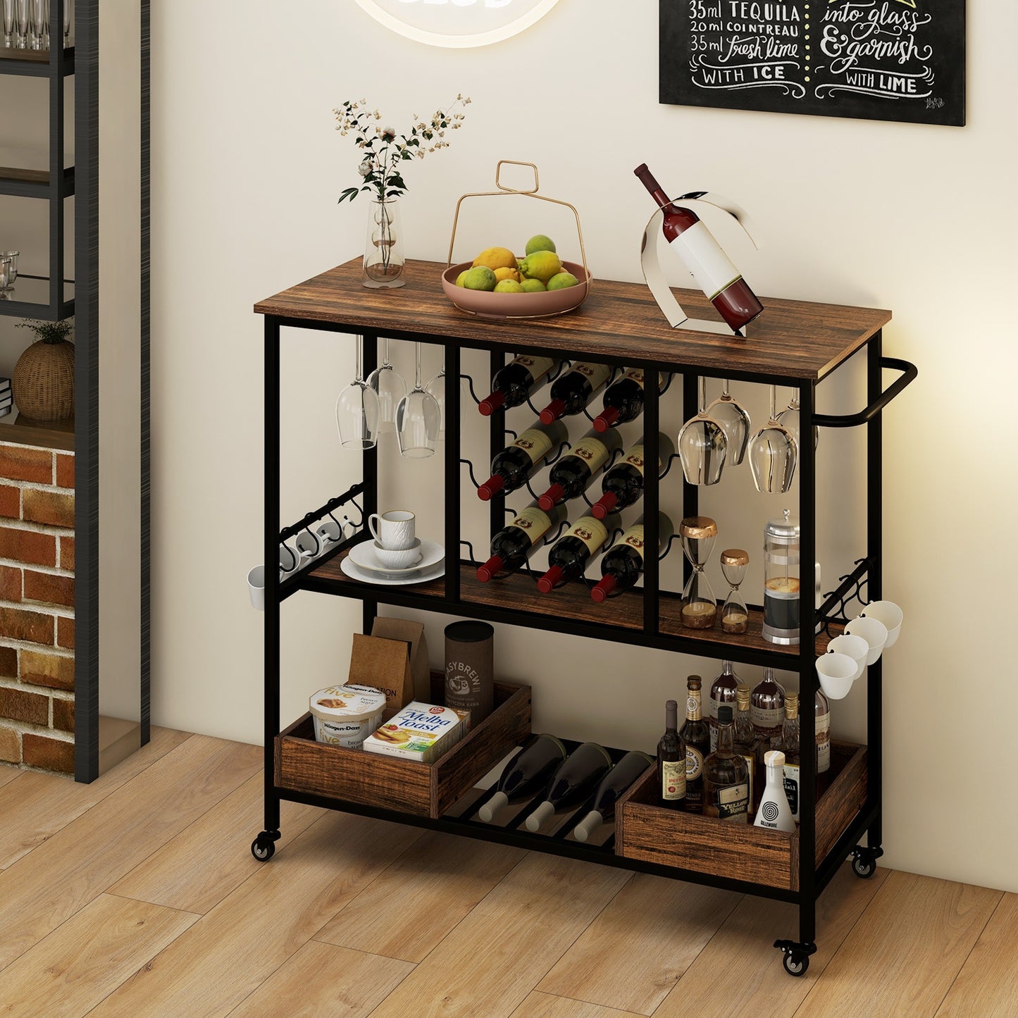 3-Tier Rolling Bar Cart with Glass Holders and Storage Shelves, Rustic Brown