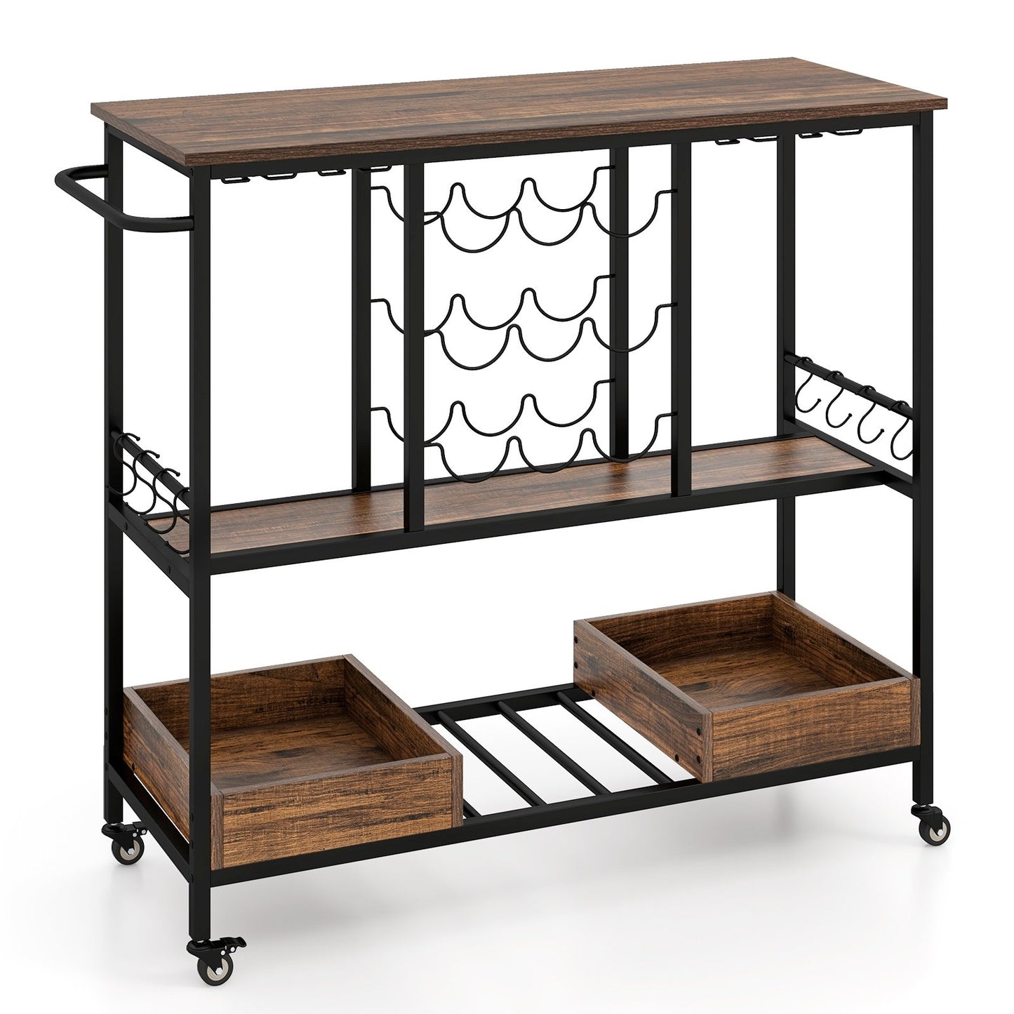 3-Tier Rolling Bar Cart with Glass Holders and Storage Shelves, Rustic Brown