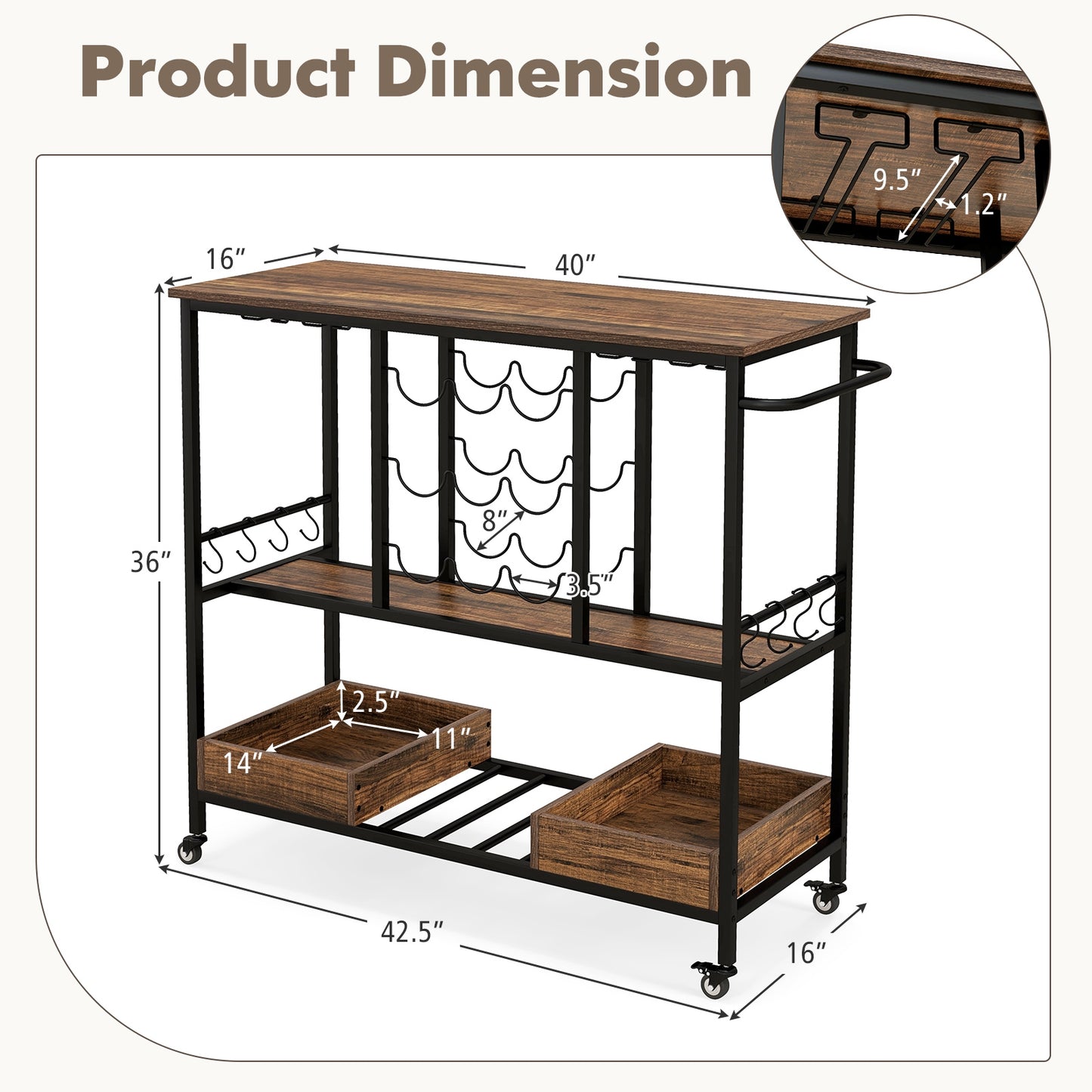 3-Tier Rolling Bar Cart with Glass Holders and Storage Shelves, Rustic Brown