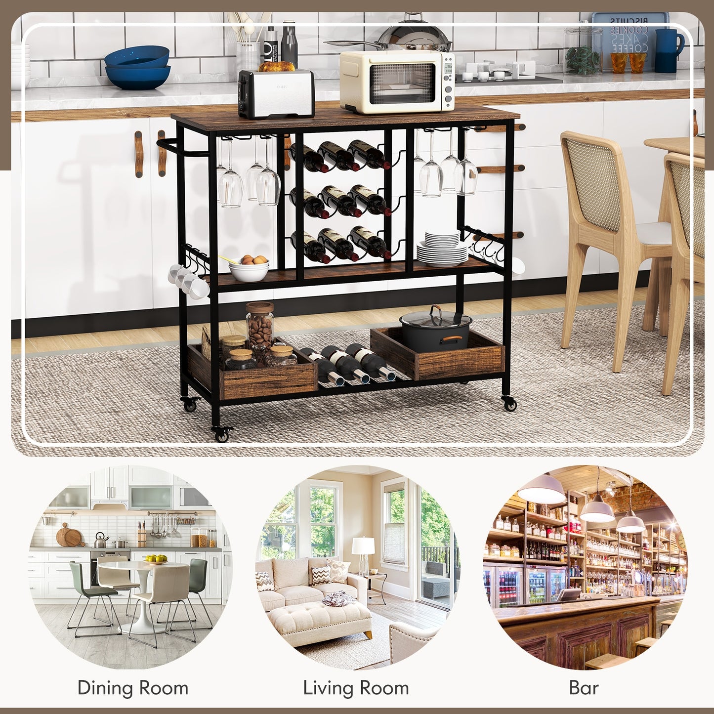 3-Tier Rolling Bar Cart with Glass Holders and Storage Shelves, Rustic Brown