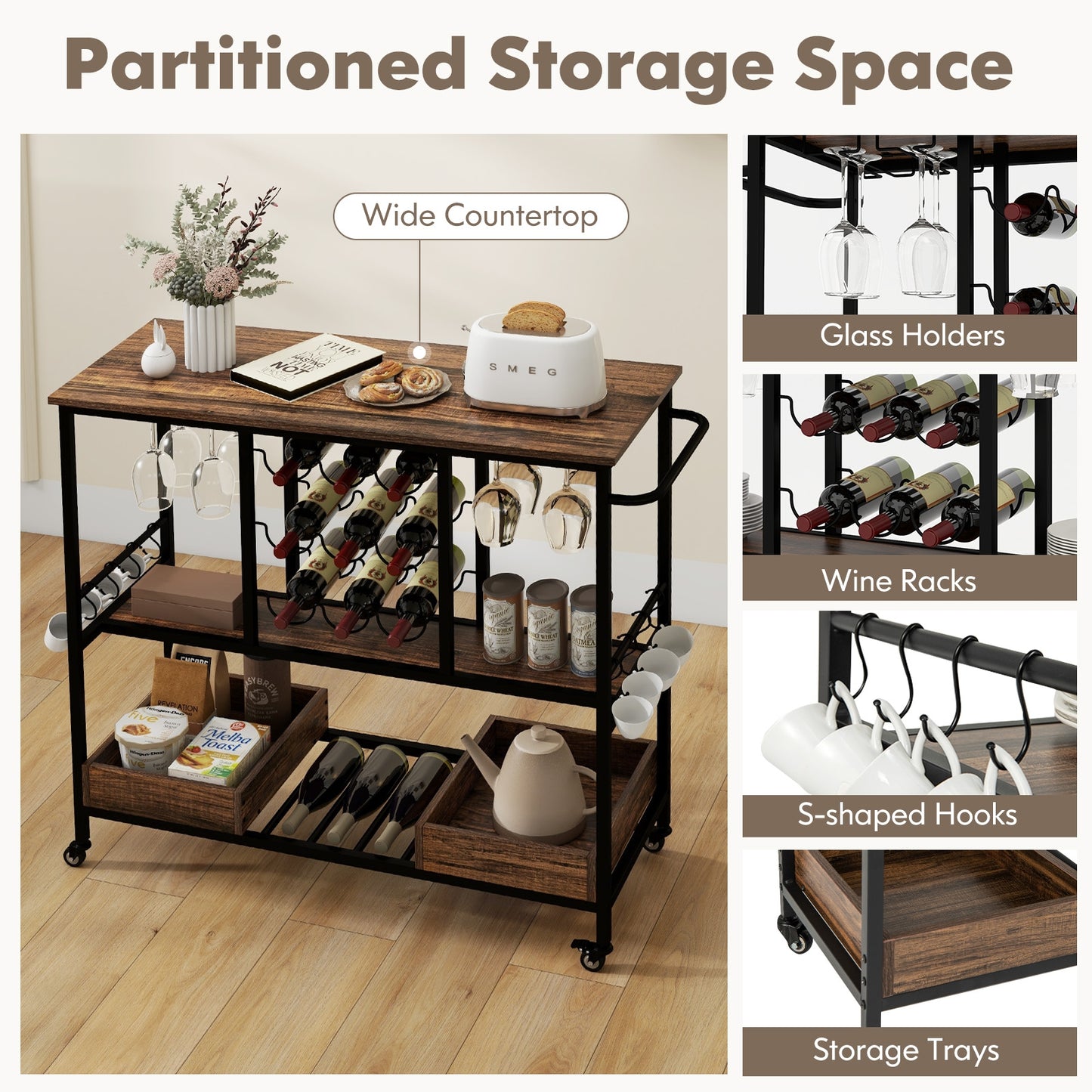 3-Tier Rolling Bar Cart with Glass Holders and Storage Shelves, Rustic Brown