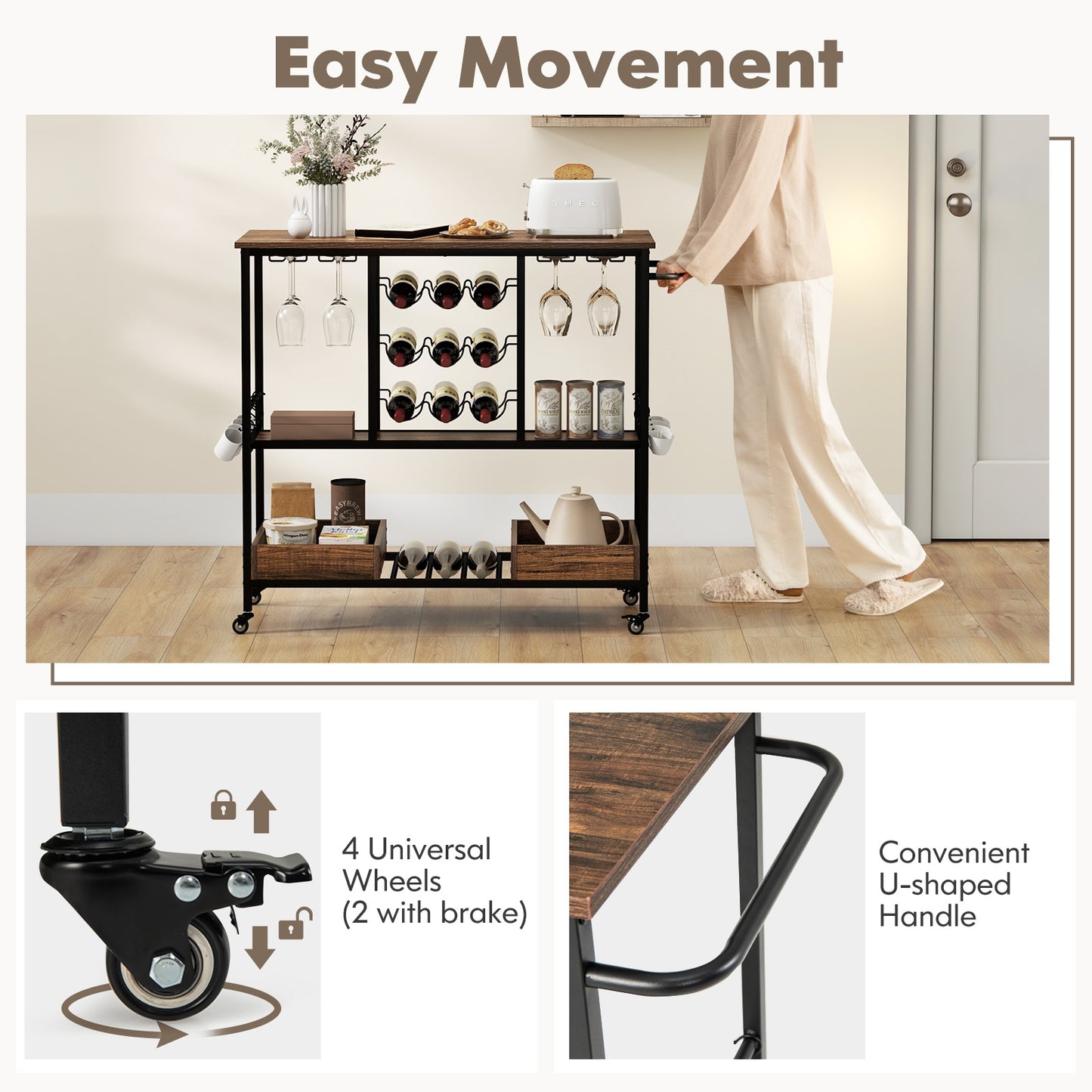 3-Tier Rolling Bar Cart with Glass Holders and Storage Shelves, Rustic Brown