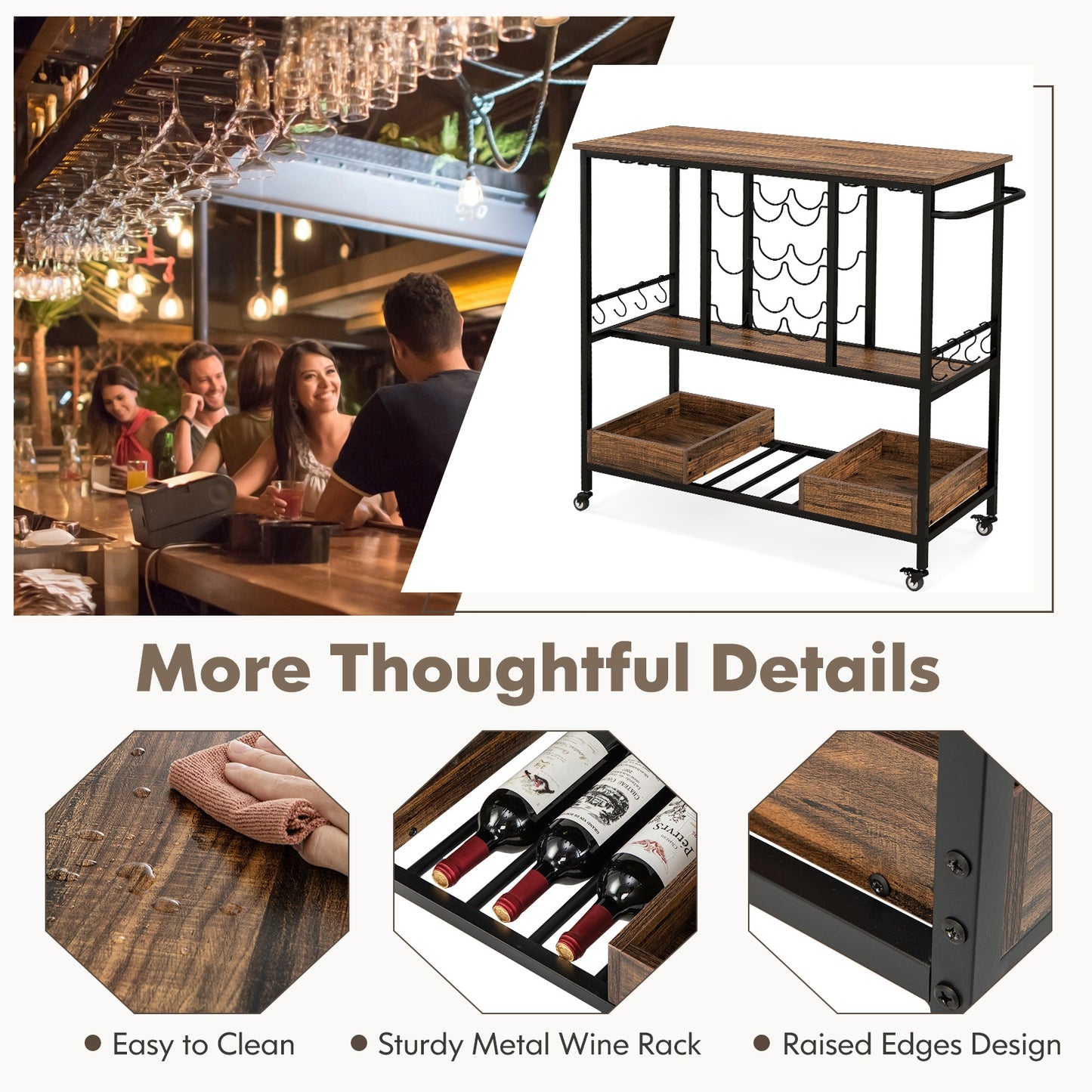 3-Tier Rolling Bar Cart with Glass Holders and Storage Shelves, Rustic Brown