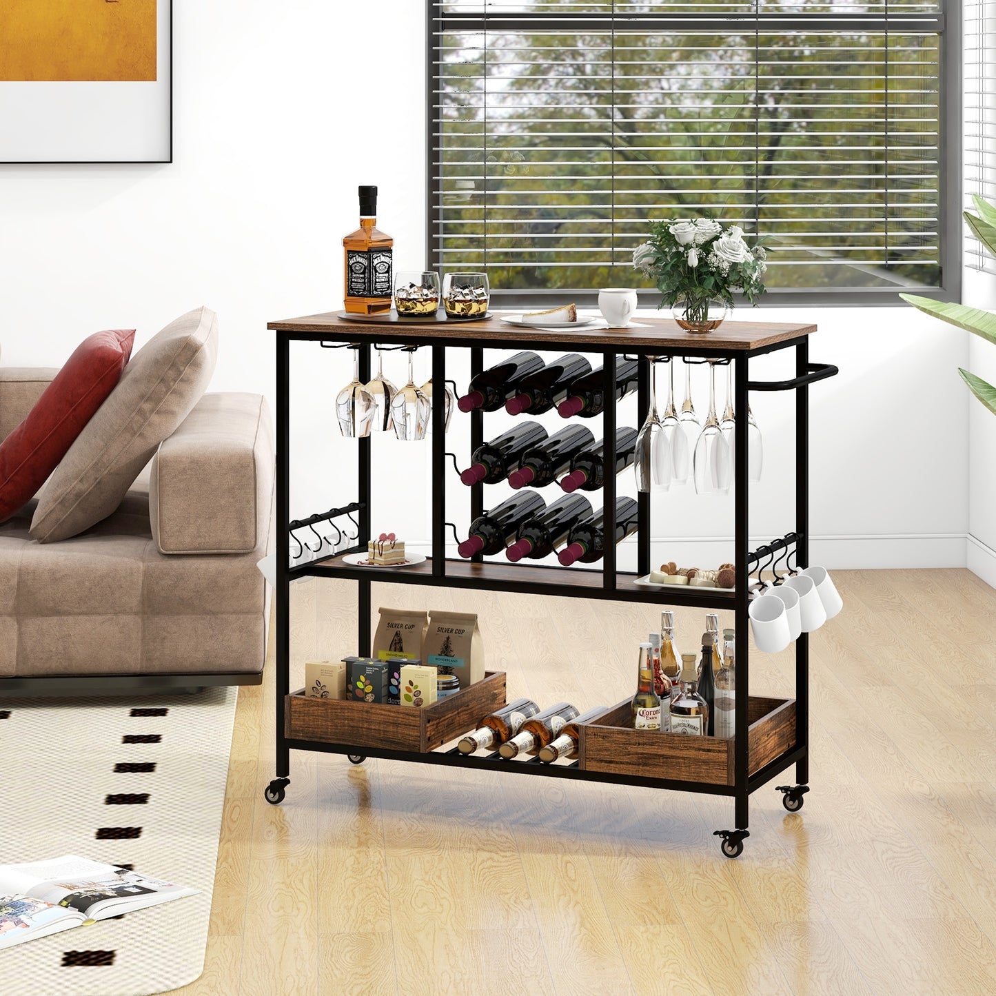 3-Tier Rolling Bar Cart with Glass Holders and Storage Shelves, Rustic Brown