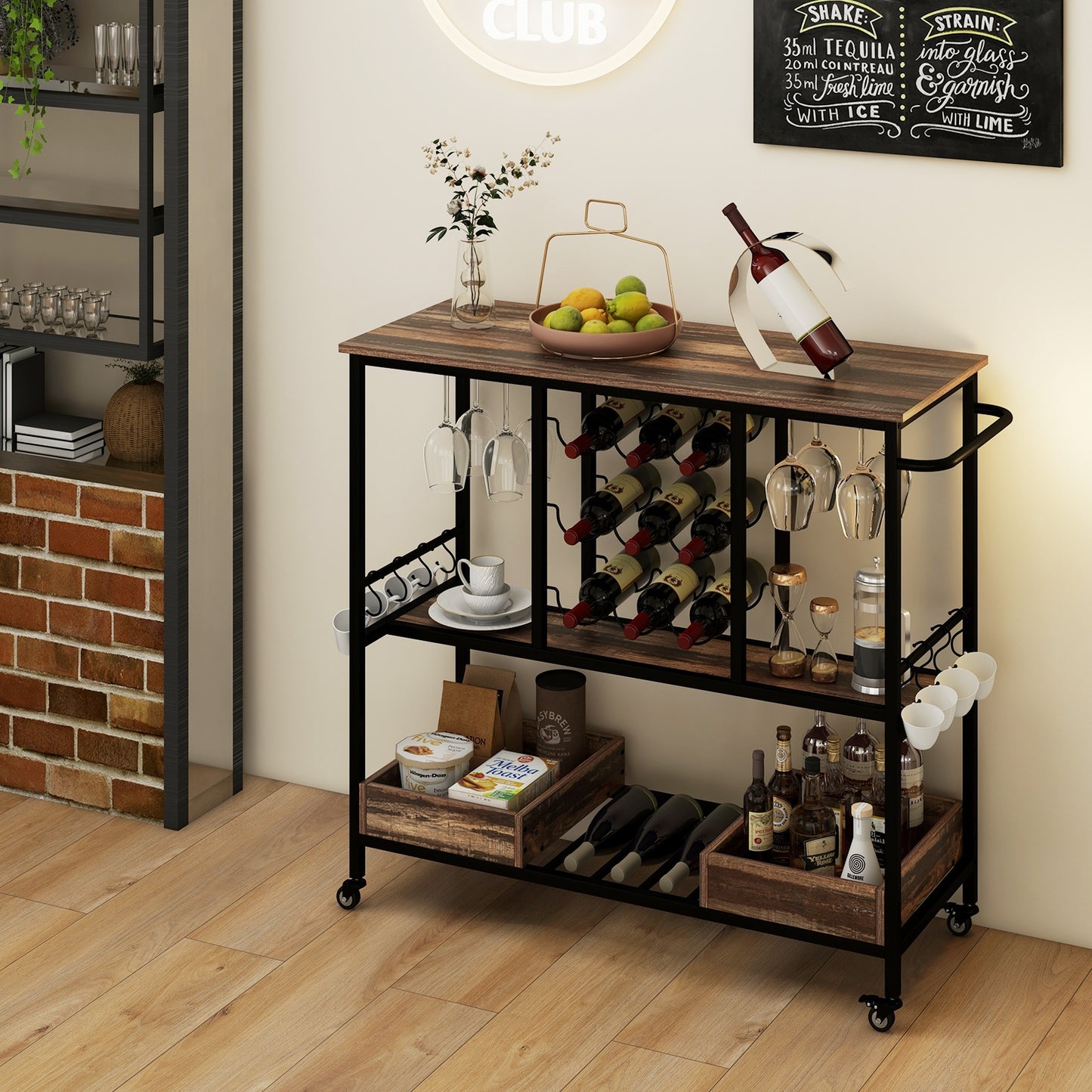 3-Tier Rolling Bar Cart with Glass Holders and Storage Shelves, Brown