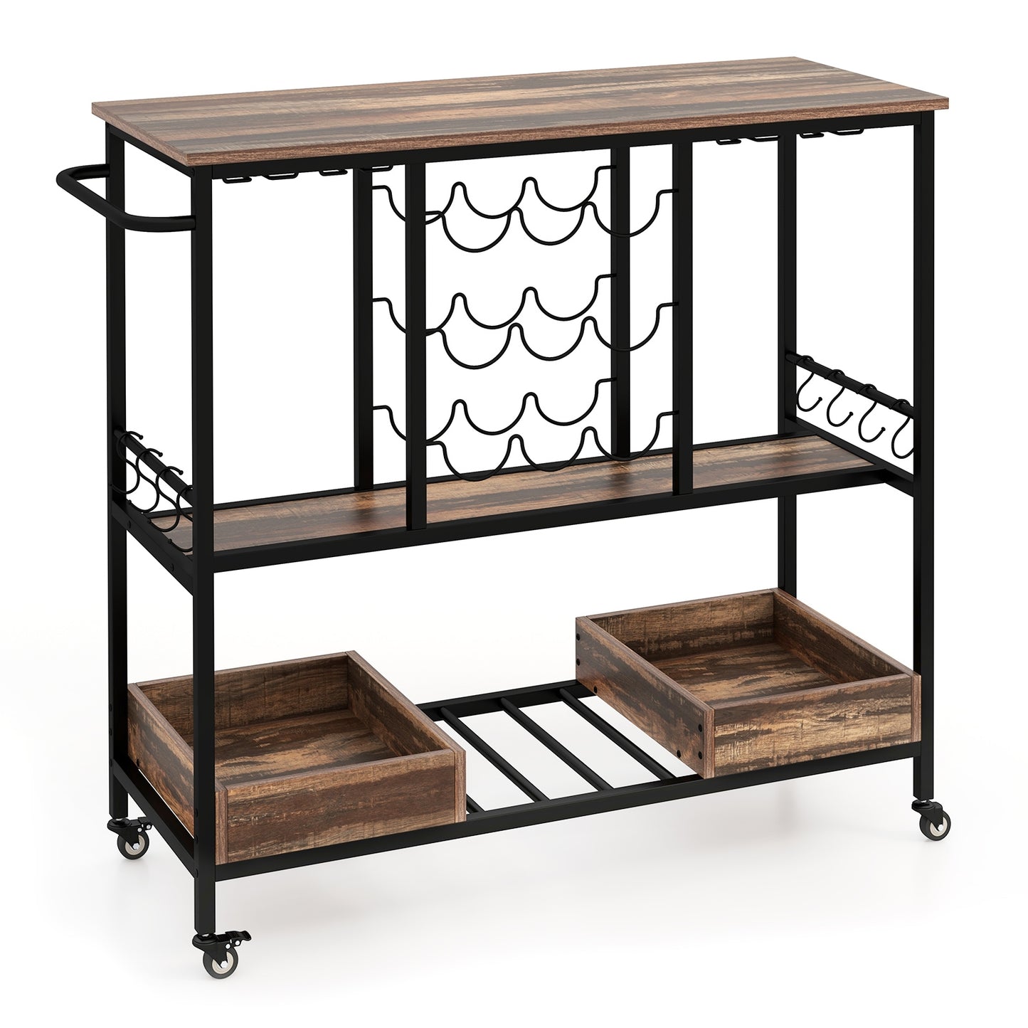 3-Tier Rolling Bar Cart with Glass Holders and Storage Shelves, Brown
