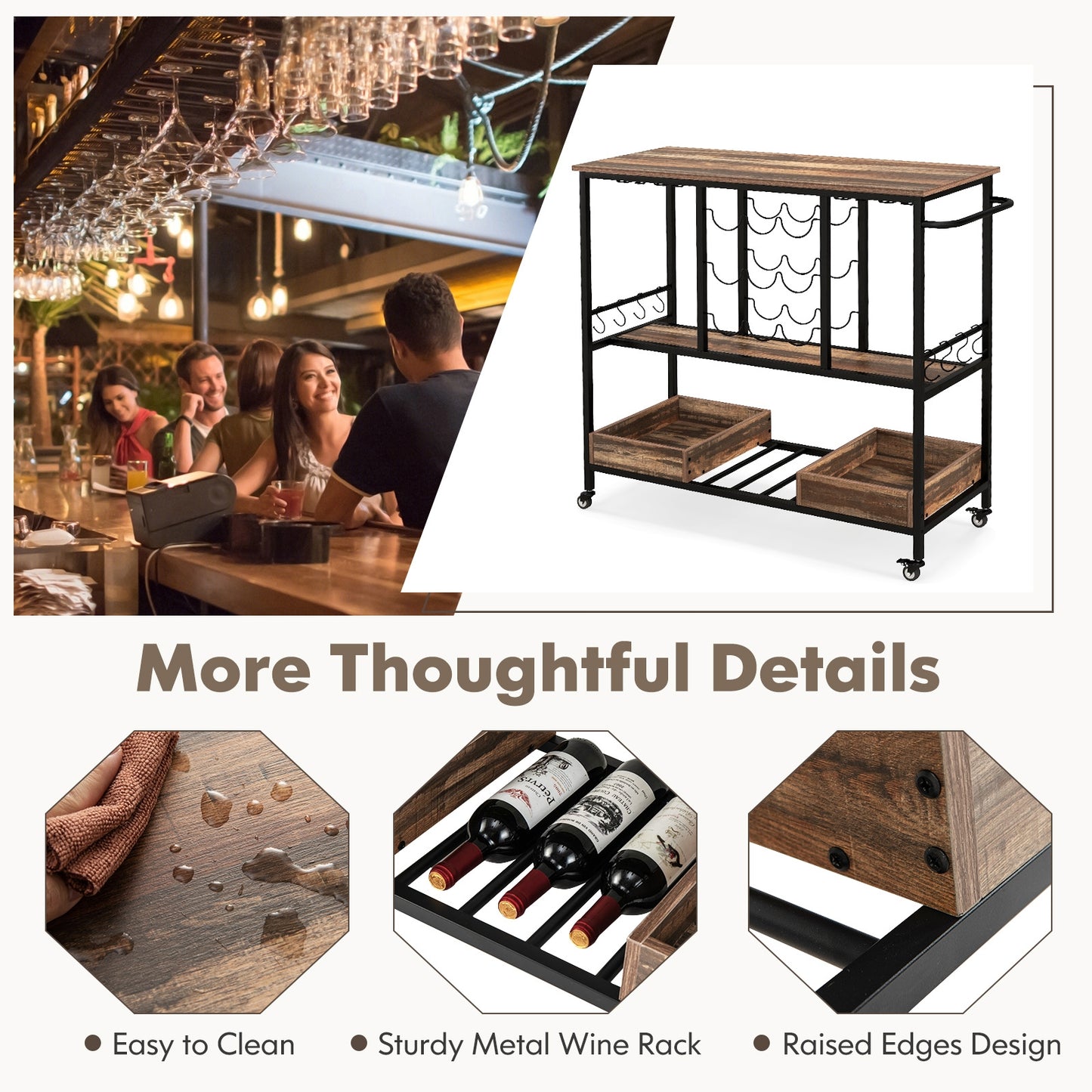 3-Tier Rolling Bar Cart with Glass Holders and Storage Shelves, Brown
