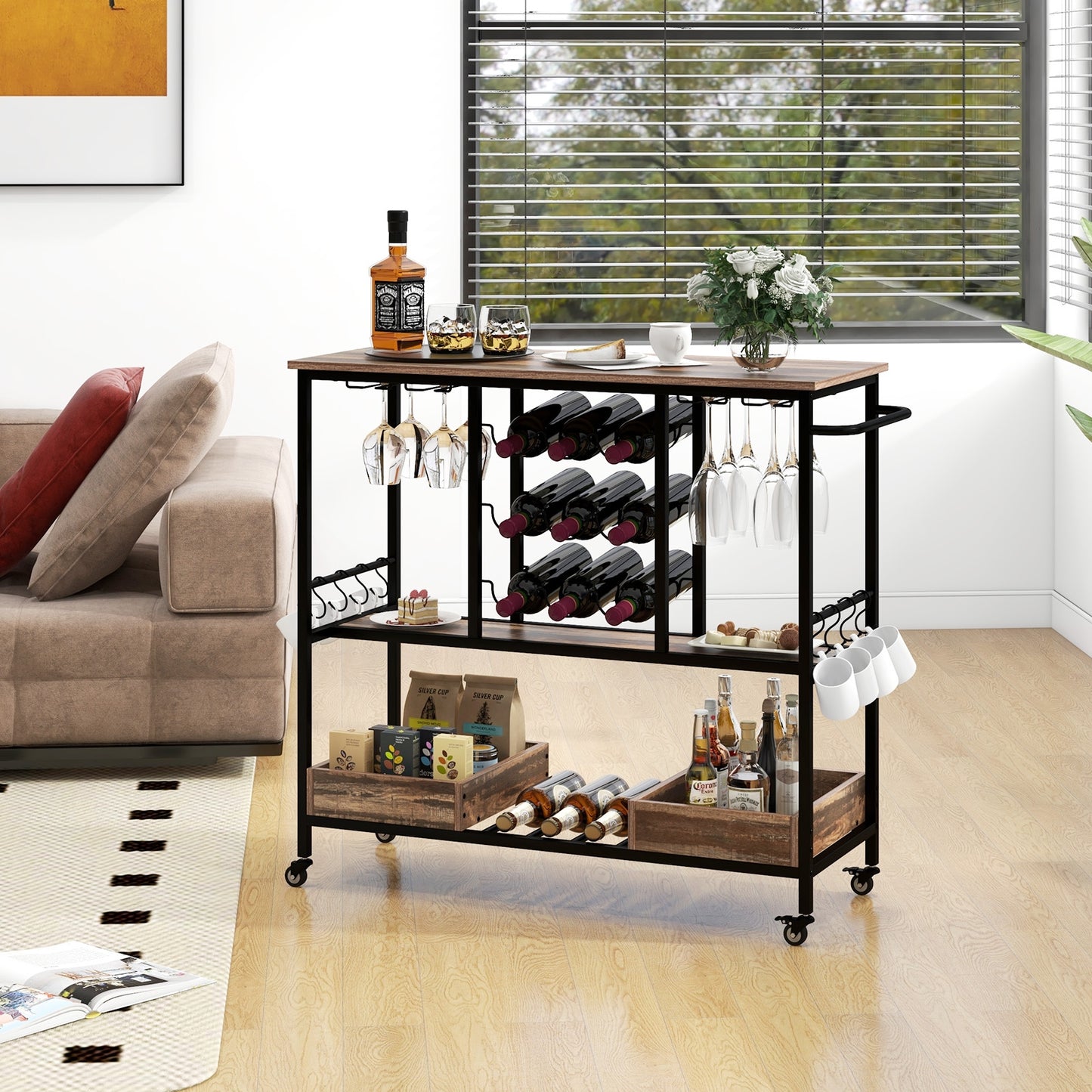 3-Tier Rolling Bar Cart with Glass Holders and Storage Shelves, Brown