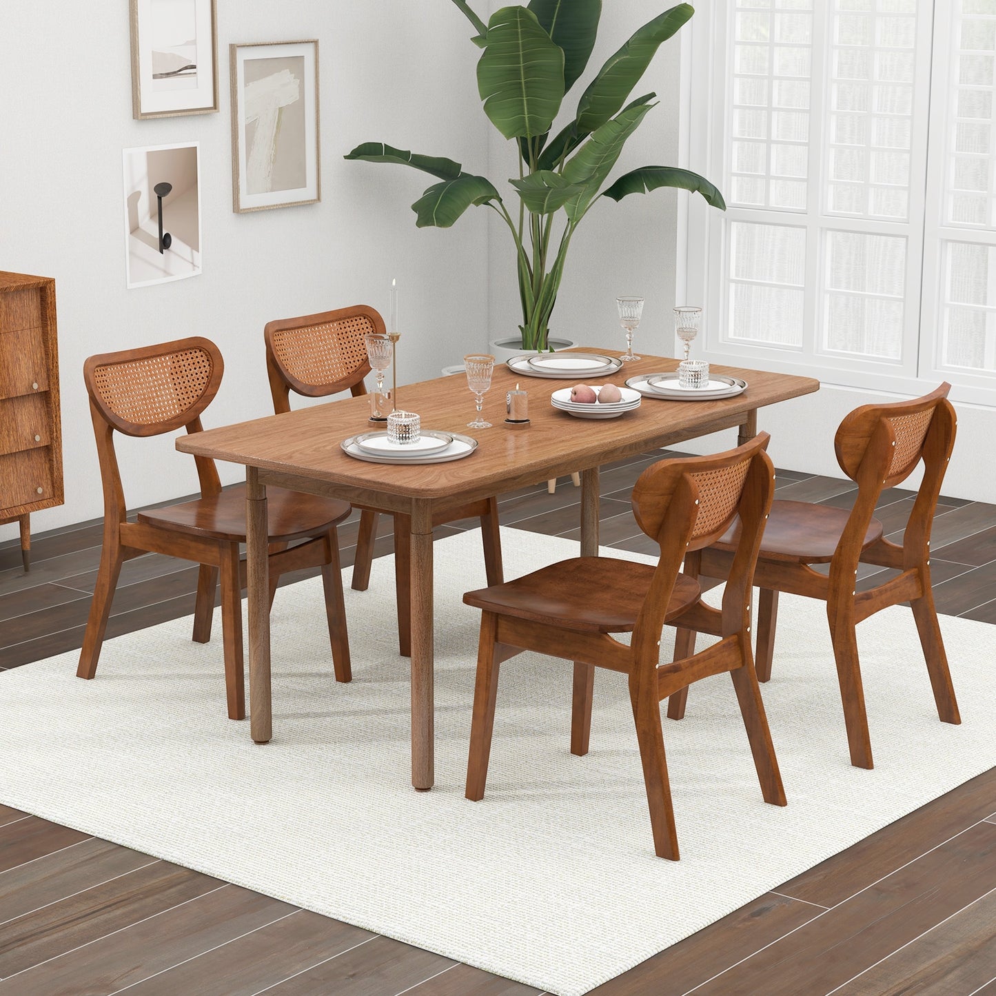 Wooden Dining Chairs with Breathable Rattan Backrest and Ergonomic Design, Set of 2