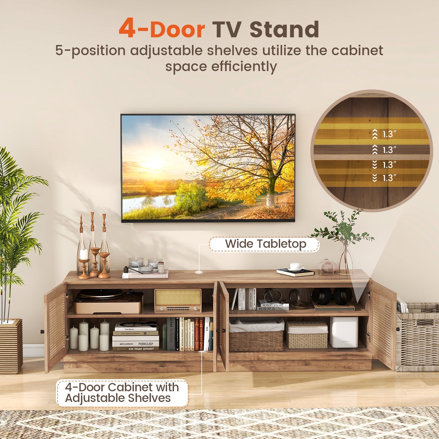 Farmhouse TV Console with Rattan Doors and Storage Cabinets for 75 Inch TVs