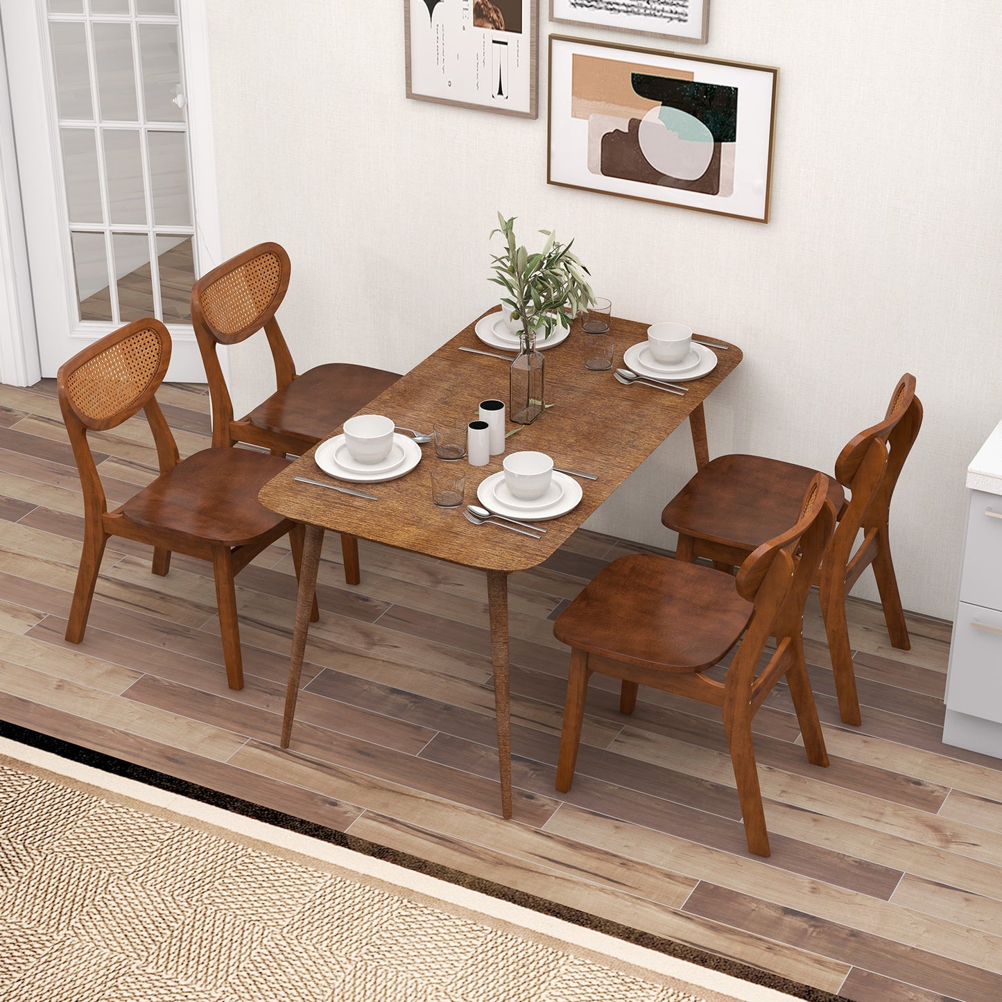 Wooden Dining Chairs with Breathable Rattan Backrest and Ergonomic Design, Set of 2