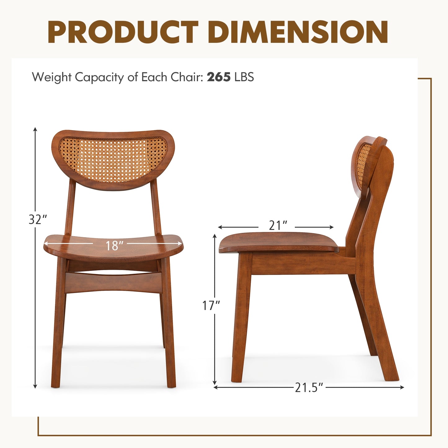 Wooden Dining Chairs with Breathable Rattan Backrest and Ergonomic Design, Set of 2