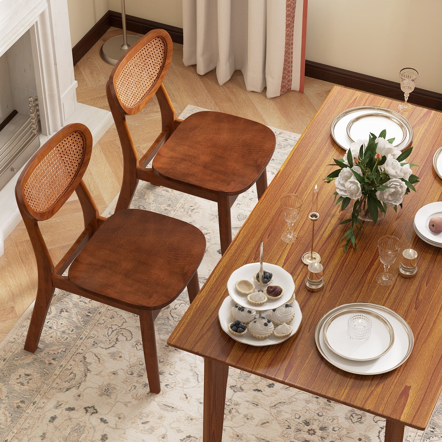 Wooden Dining Chairs with Breathable Rattan Backrest and Ergonomic Design, Set of 2