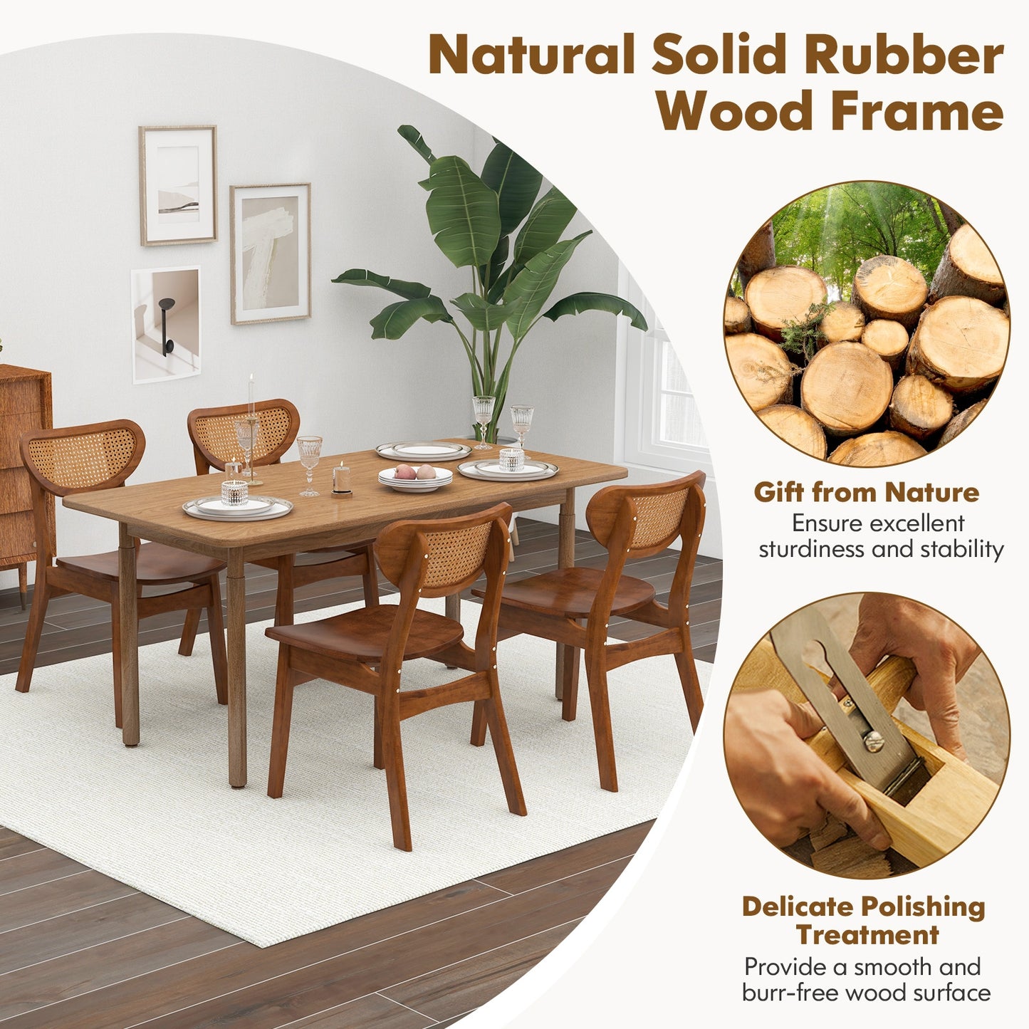 Wooden Dining Chairs with Breathable Rattan Backrest and Ergonomic Design, Set of 2