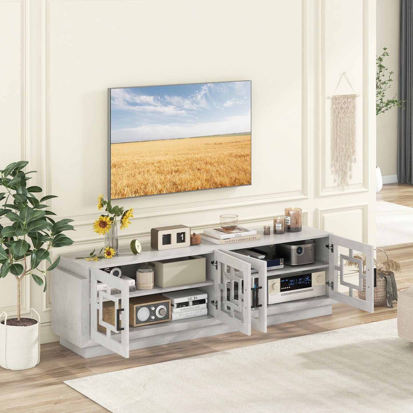 Spacious 4 Door Media Console with Adjustable Shelves for TVs up to 75 Inches