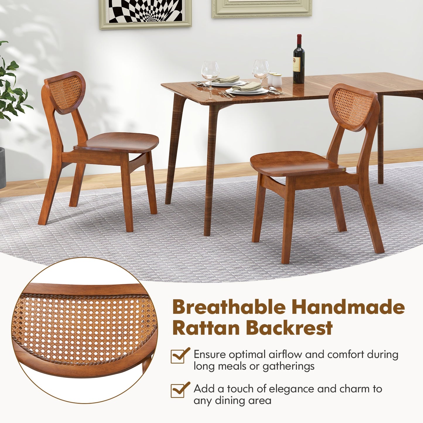 Wooden Dining Chairs with Breathable Rattan Backrest and Ergonomic Design, Set of 2