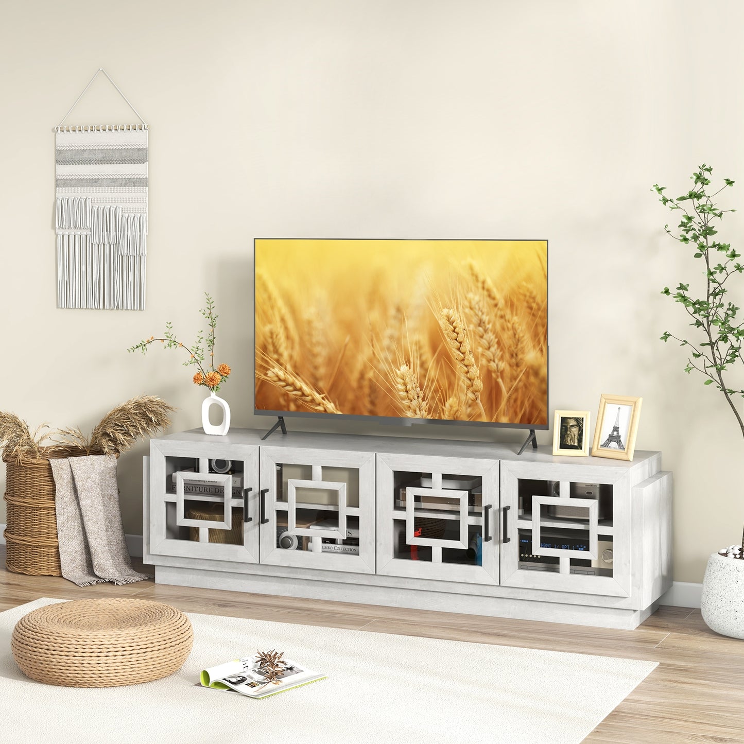 Spacious 4 Door Media Console with Adjustable Shelves for TVs up to 75 Inches