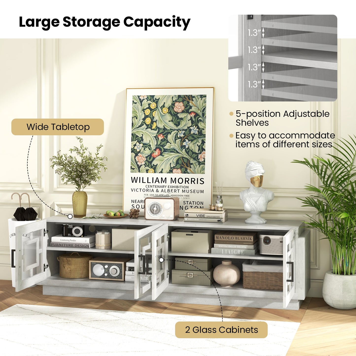 Spacious 4 Door Media Console with Adjustable Shelves for TVs up to 75 Inches