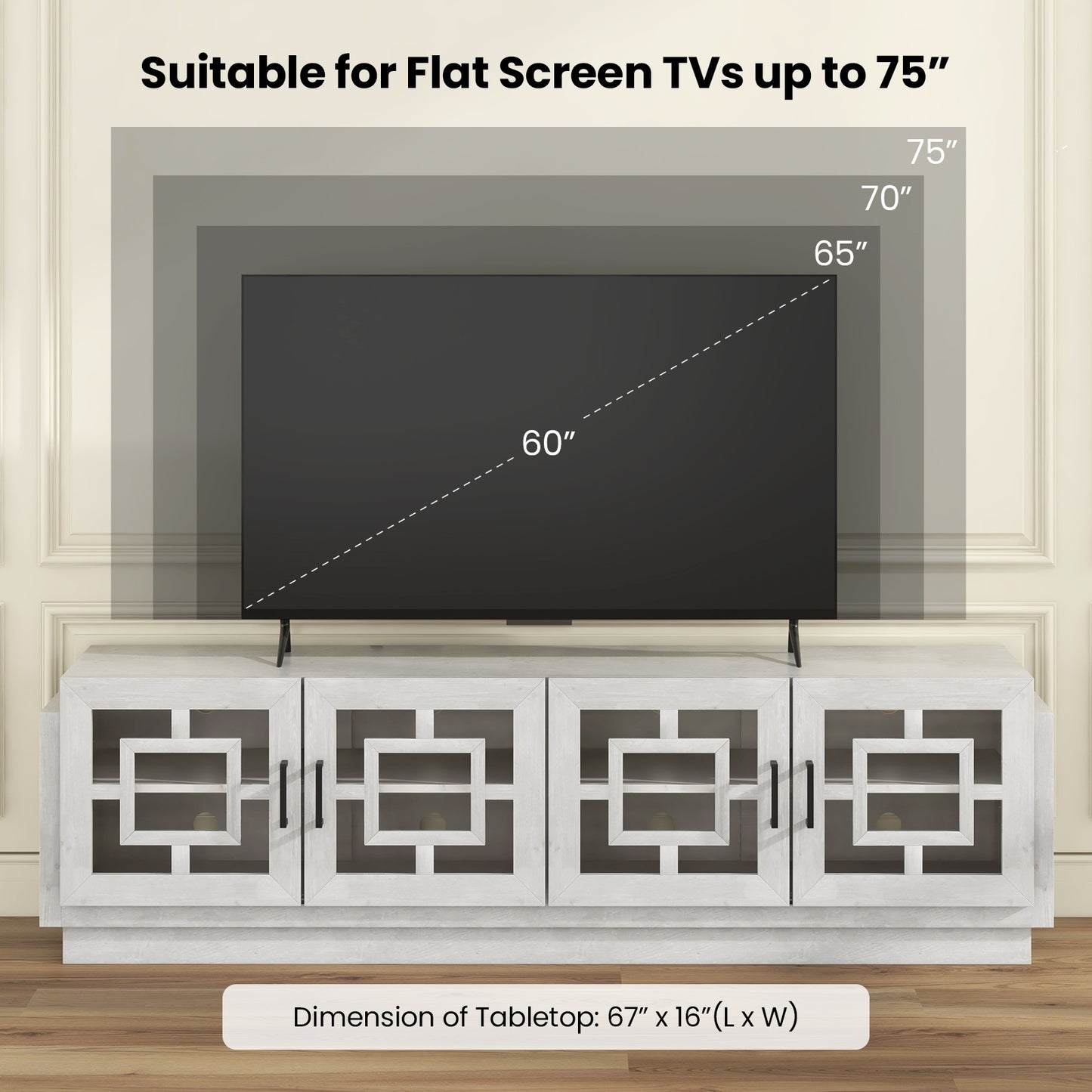 Spacious 4 Door Media Console with Adjustable Shelves for TVs up to 75 Inches
