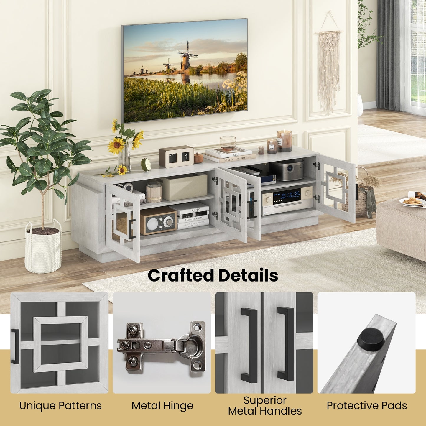 Spacious 4 Door Media Console with Adjustable Shelves for TVs up to 75 Inches