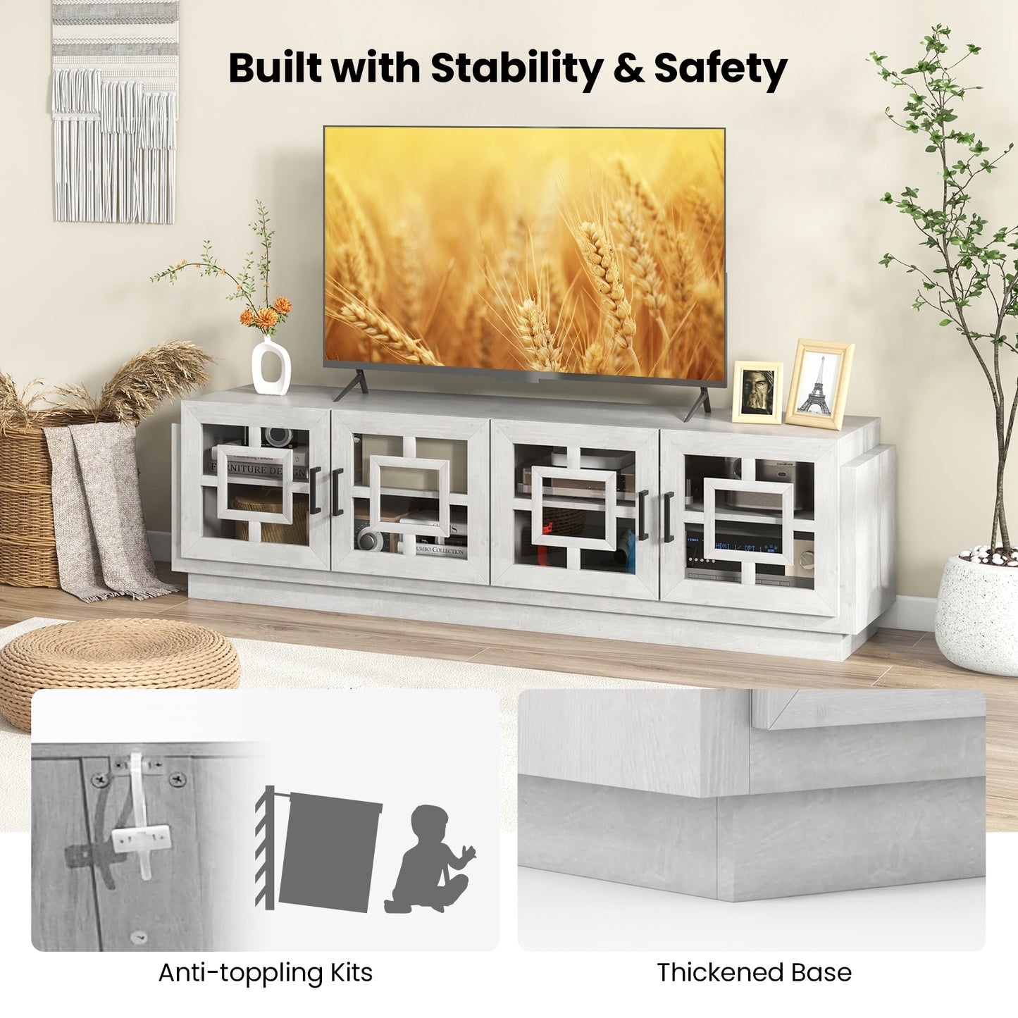 Spacious 4 Door Media Console with Adjustable Shelves for TVs up to 75 Inches