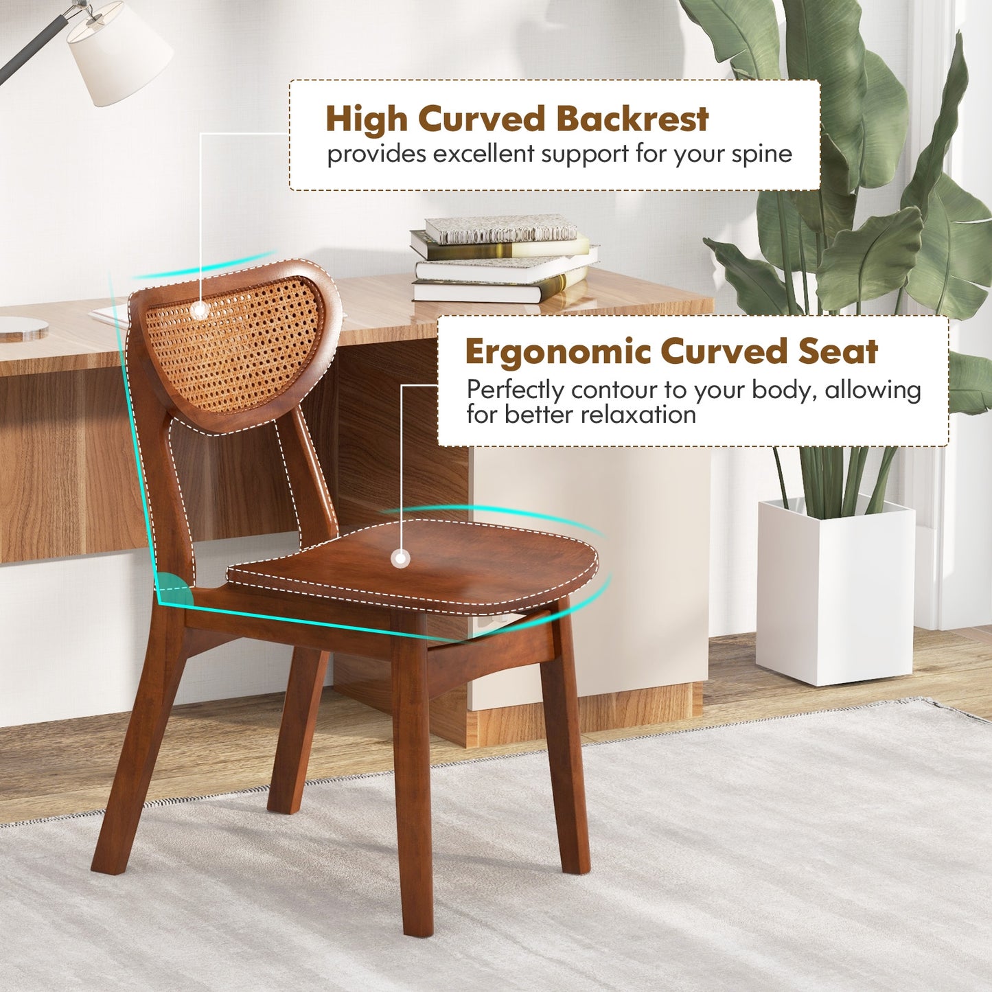 Wooden Dining Chairs with Breathable Rattan Backrest and Ergonomic Design, Set of 2