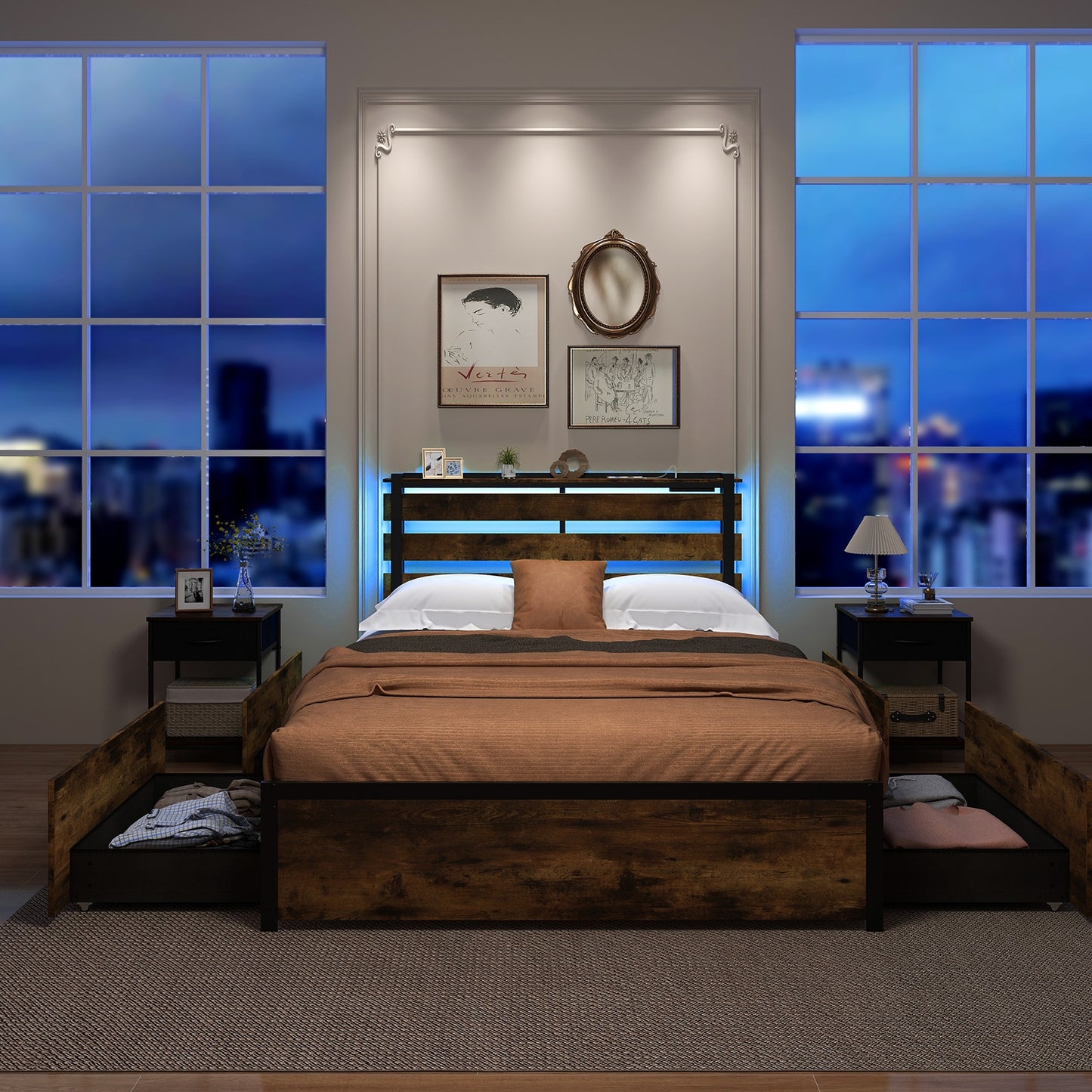 Rustic Brown Bed Frame with LED Lights, USB Ports, and Rolling Storage Drawers - Full Size
