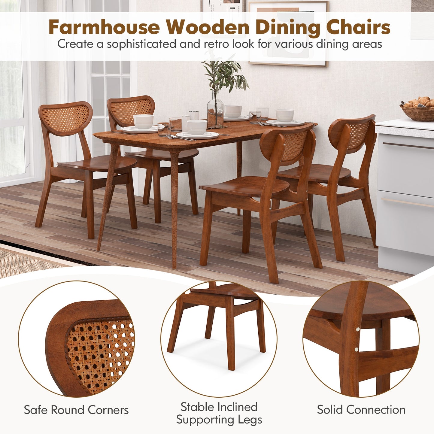 Wooden Dining Chairs with Breathable Rattan Backrest and Ergonomic Design, Set of 2