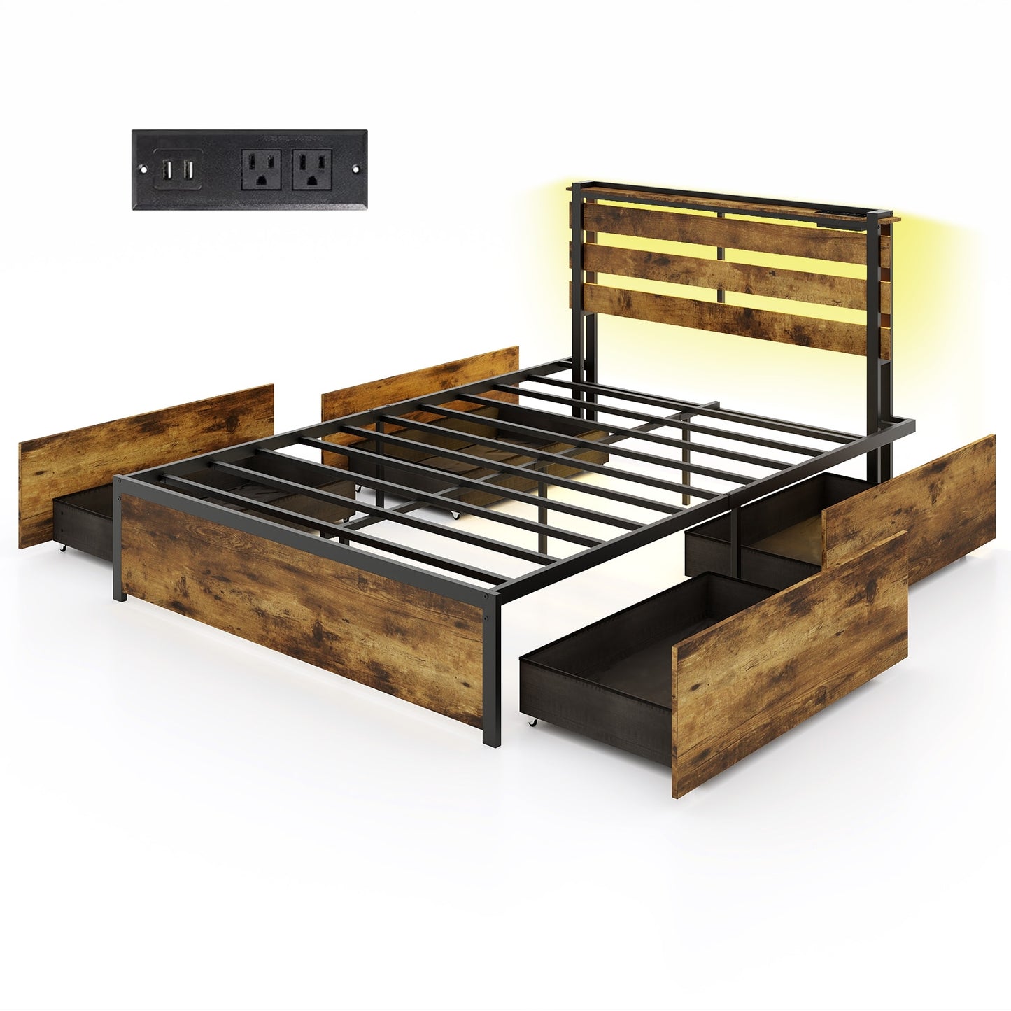 Rustic Brown Bed Frame with LED Lights, USB Ports, and Rolling Storage Drawers - Full Size